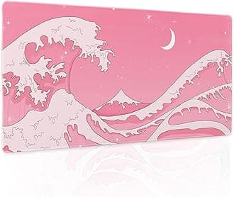 Pink Japanese Anime Gaming Mouse Pad XL Cute Kawaii Aesthetic Wave Extended Big Large Desk Mat Non-Slip Rubber Base Stitched Edge Long Keyboard Mousepad for PC Computer Laptop,24x14 in,60x35cm