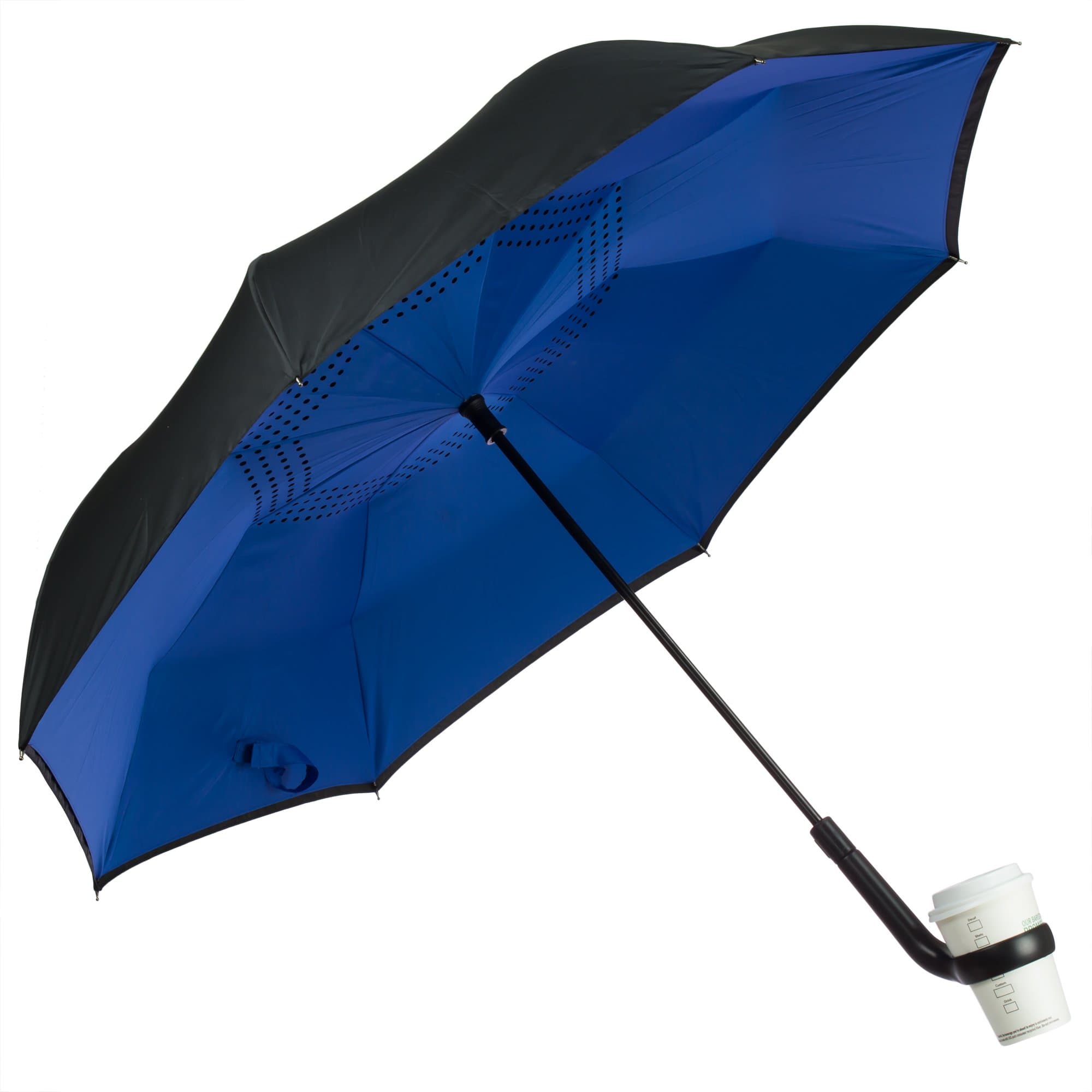 Patent Pending Premium Inverted Umbrella W/Cup Holder Handle- Automatic Close, Creative New Reversible Windproof Design, Heavy-Duty Fiberglass Frame, Ideal for Multi-Tasking & Cars