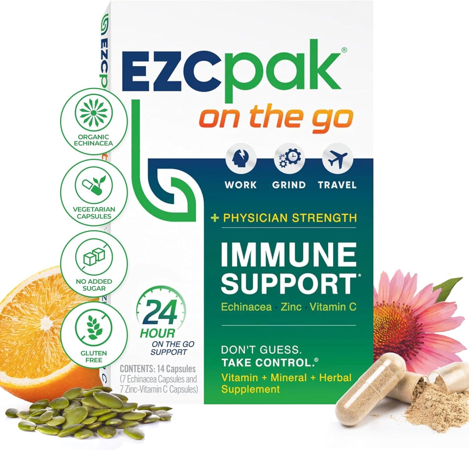 On The Go Immune System Booster with Echinacea, Vitamin C, Zinc, Immune Support Supplement, Immunity Vitamins for Adults, Travel-Friendly Packaging, Vegetarian, Gluten-Free
