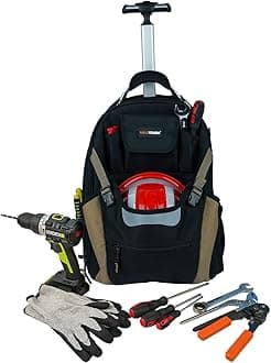 MELOTOUGH Wheeled Rolling Tool Bag Welding Backpack with Wheels for Men Heavy Duty Tool Organizer Bag with Helmet Catch (Khaki)