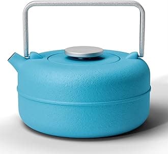 toptierTeapot with Removable Infuser, Cast Iron Tea Kettle Stovetop Safe, Solid Geometry Cylinder Design Tea Pot Coated with Enameled Interior for 27 Ounce (800 ml), Blue