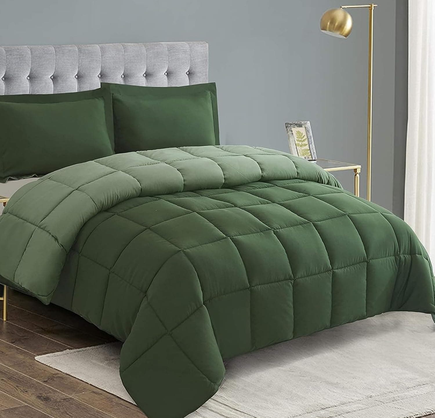 3pc Green Queen Size Comforter Set - All Season Reversible Down Alternative Bedding Comforter Set - Quilted Duvet Insert with Corner Tabs - Box Stitched Blanket - Breathable, Soft, Fluffy