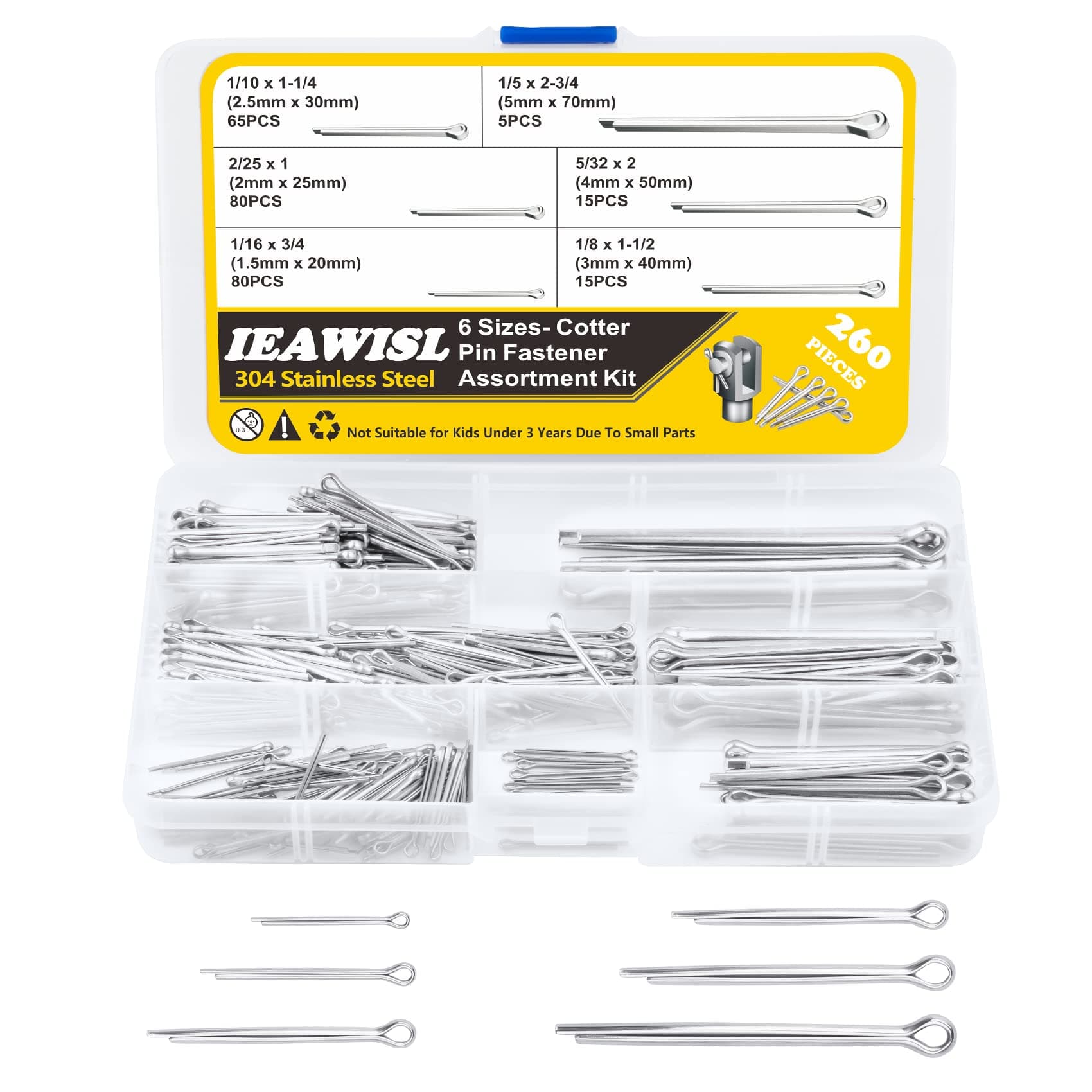Cotter Pins Assortment Kit, 260Pcs 304 Stainless Steel Split Pin Fastener Clips, 6 Size Hairpin Cotter Pins for Automotive, Axles, Trailer Hitch, Tractors