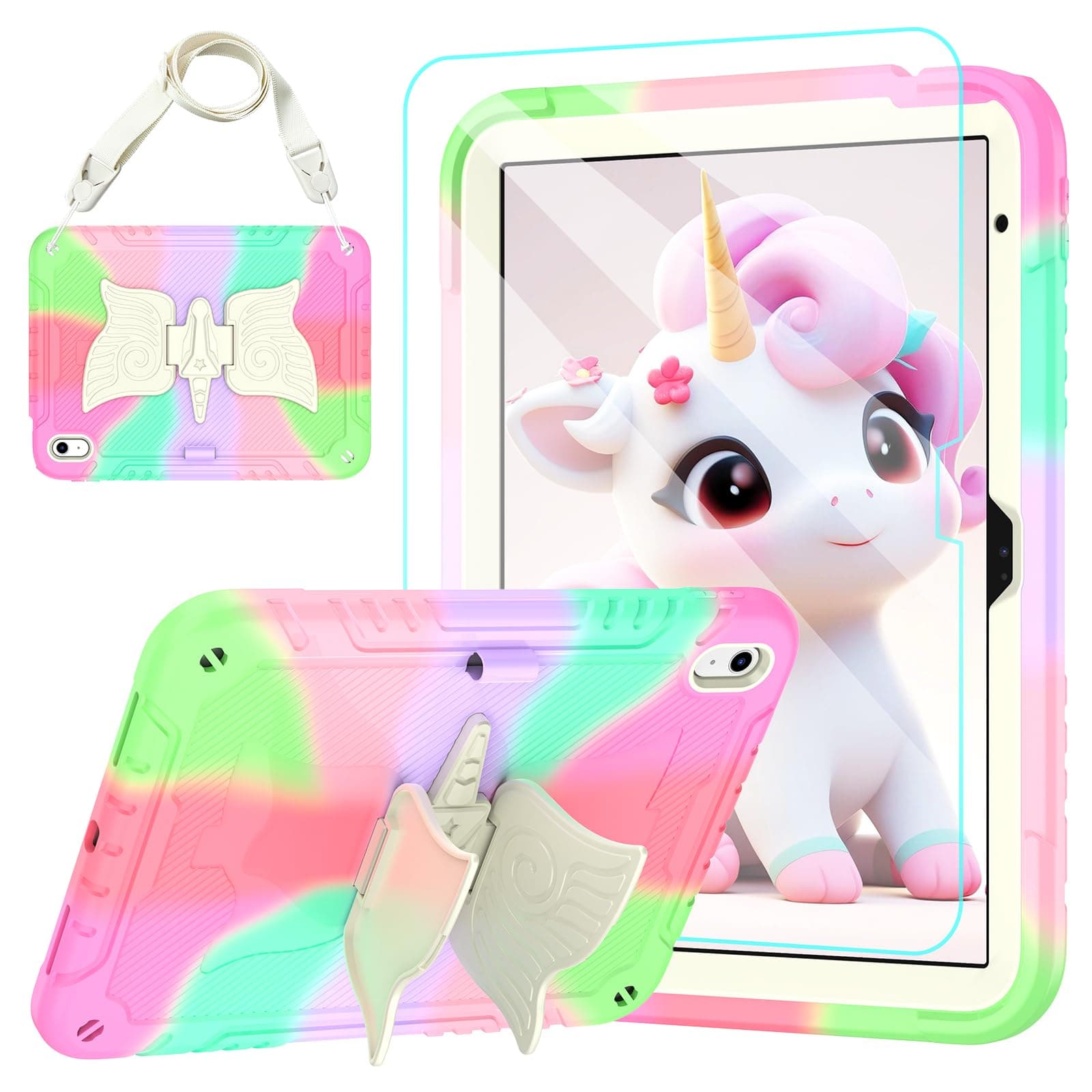 TOMORRY iPad (A16) 第11世代 11インチ 2025/iPad 第10世代ケース 10.9インチ 2022年用 強化ガラススクリーンプロテクター付き ユニコーンスタンド ショルダーストラップ付き iPad 10 ケース 子供用 (カラフルピンク)