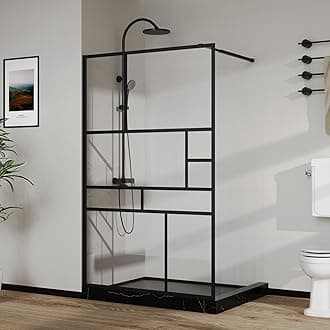 46 in. W x 72 in. H Bathroom Shower Glass Door Framed Tempered Clear Glass Shower Screen Panel for Walk-in Bathroom, Multiple Grid Pattern, 3-Pieces Glass, Matte Black