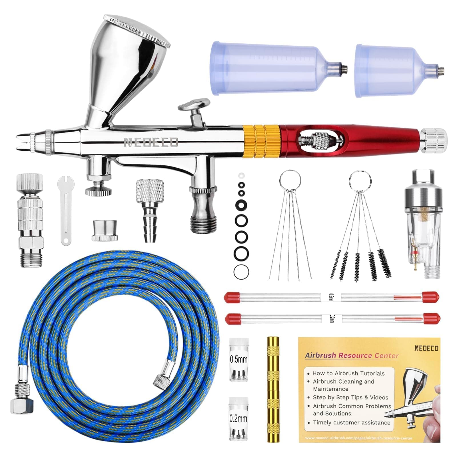 NEOECO Multi-Purpose Airbrush Kit, Dual-Action Gravity Feed Air Brush Sets with with Crown Nozzle, 9cc 20cc 40cc Cup, 0.2, 0.3 & 0.5mm Needles for Makeup Nail Art Shoes Tattoo Cake Toy Model (Red)