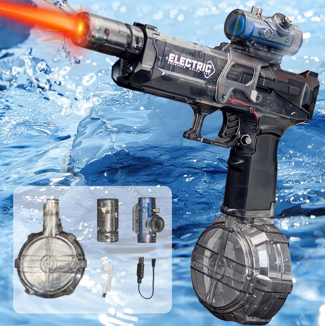 Moonmen Electric Water Gun with Muzzle Flash,Ultimate Battle Blaster Water Pistol,28-32 FT, Powerful High Powered Automatic Squirt Gun Fully Auto Water Blaster,Toy Game for Adult&Kid (Black)