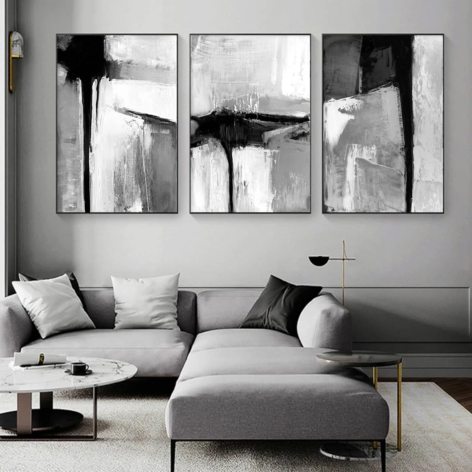 Black and White Abstract Art Canvas Paintings - Grey Neutral Wall Art for Living Room - Modern Pictures 16x24inx3 No Frame