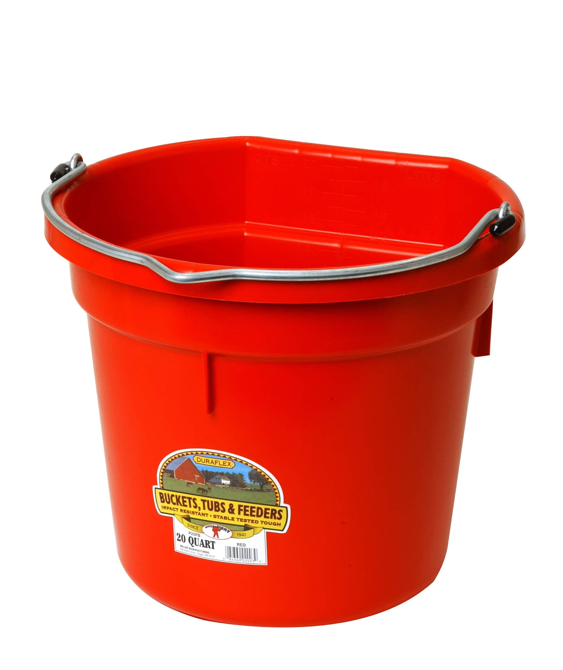 Plastic Animal Feed Bucket (Red) - Little Giant - Flat Back Plastic Feed Bucket with Metal Handle (20 Quarts / 5 Gallons) (Item No. P20FBRED6)