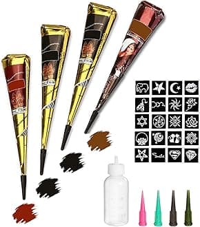 - Tattoo Paste Cones, 4Pcs Semi Permanent Temporary Tattoos Kit, India Body DIY Art Painting for Women Men Teen, Summer Trend Freehand Paste with 3 Colors, 20 Adhesive Stencil, 1 Bottle, 4 Nozzles