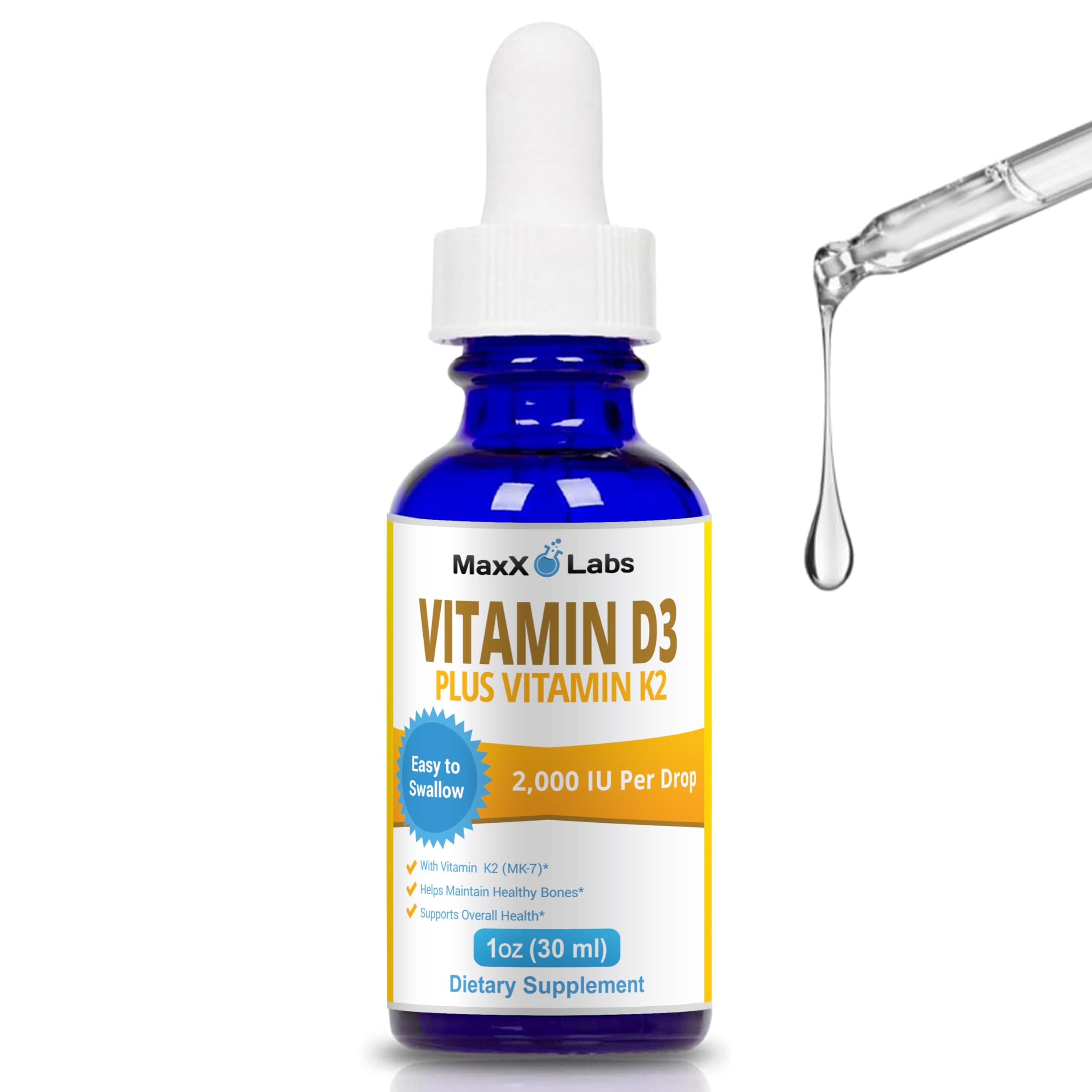 Vitamin D3 K2 Liquid Drops - Liquid Vitamin-D3 2000 IU Per Drop with K2 Supplements for Adults & Kids - Vitamin D K2 MK7 for Healthy Bones, Heart & Immune - 1 Oz Dropper + 900 Days Supply