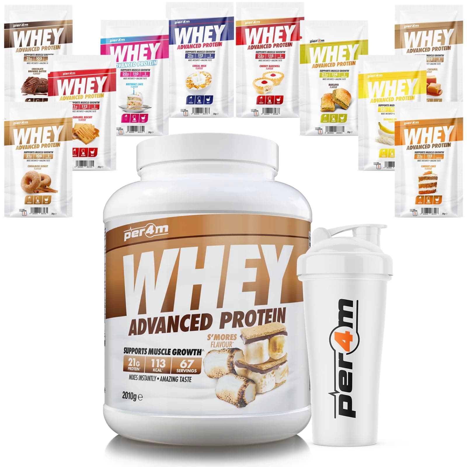 Per4m Whey Protein Shake Powder, Shaker and Sachets | Low Sugar Gluten Free | with 10 Mixed Flavour Sachets & Shaker (2010g, S'Mores)