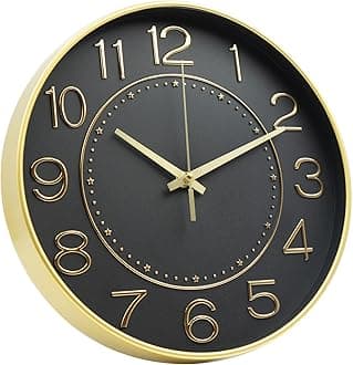 HZDHCLH 12inch Wall Clocks Battery Operated,Quartz Movement,Silent Non Ticking Modern Wall Clock for Living Room Bedroom Kitchen Office School Classroom Decor Black Gold