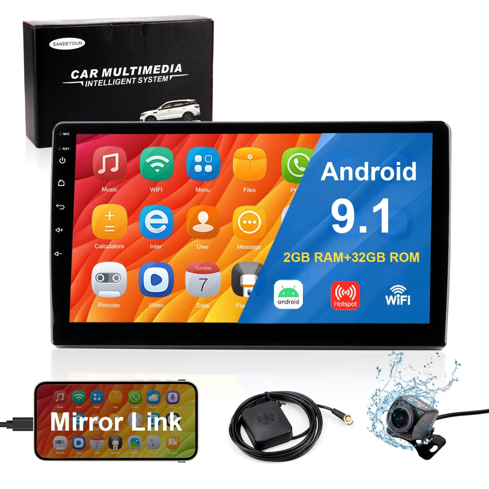 Double Din Car Stereo, Android Car Radio, 10 Inch 2.5D HD Touch Screen in Dash Navigation GPS with Bluetooth WiFi FM Radio Mirror Link(Android/iOS) EQ SWC Dual USB Input AHD Backup Camera(2G +32G)