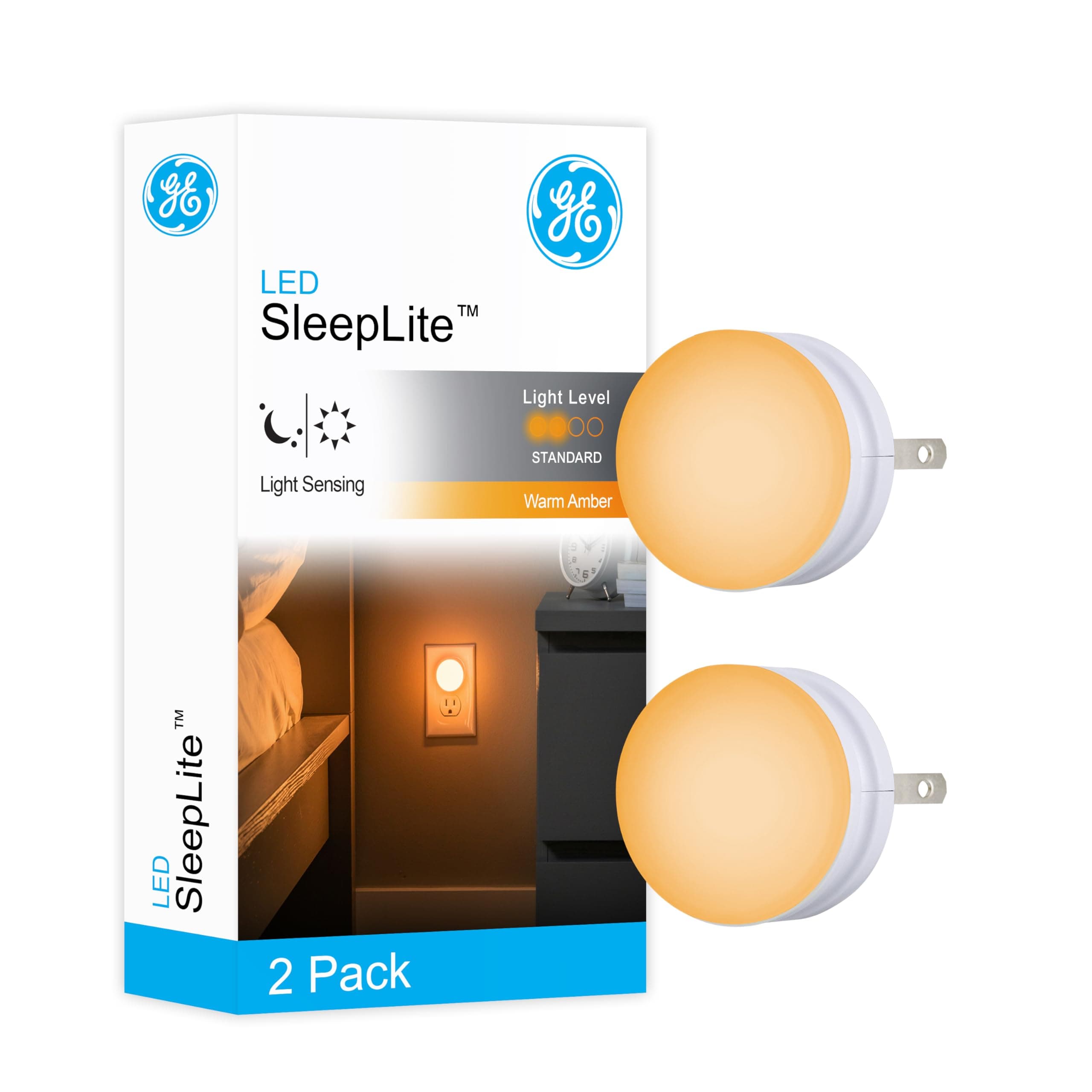 SleepLite LED Night Light, 2 Pack, Dusk-to-Dawn Sensor, Sleep Light, Dim Light, Warm Amber, Compact, Ideal for Bedroom, Nursery, Bathroom, Hallway, 45247, 2 Count