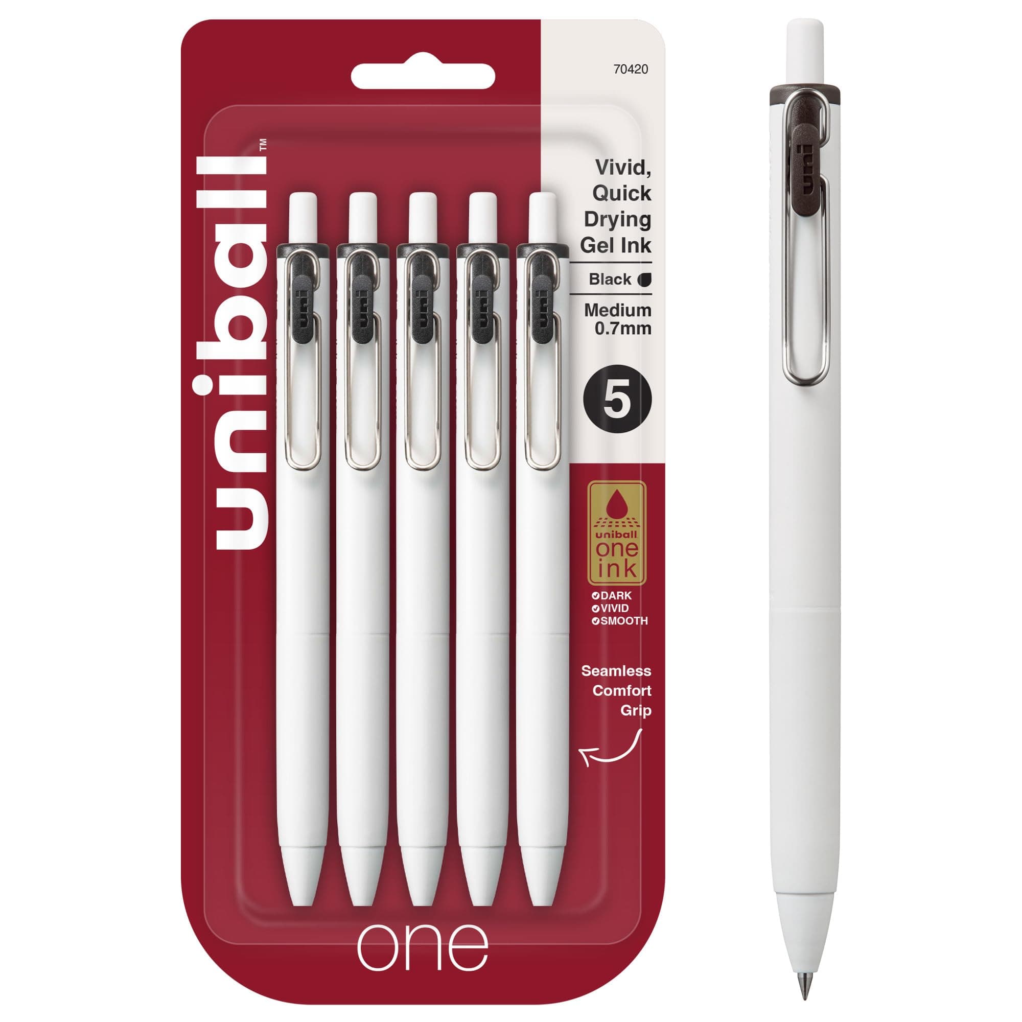 uni-ball one Retractable Gel Pens, Medium Point (0.7mm), Black Ink, 5 Pack