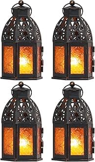 NEEDOMO Set of 4 Moroccan Candle Lantern, 9" Ramadan Lanterns Decorative Indoor Outdoor, Vintage Candle Holder for Chritsmas, Halloween, Table, Patio, Porch, Shelf, Ramadan Decorations (Amber)
