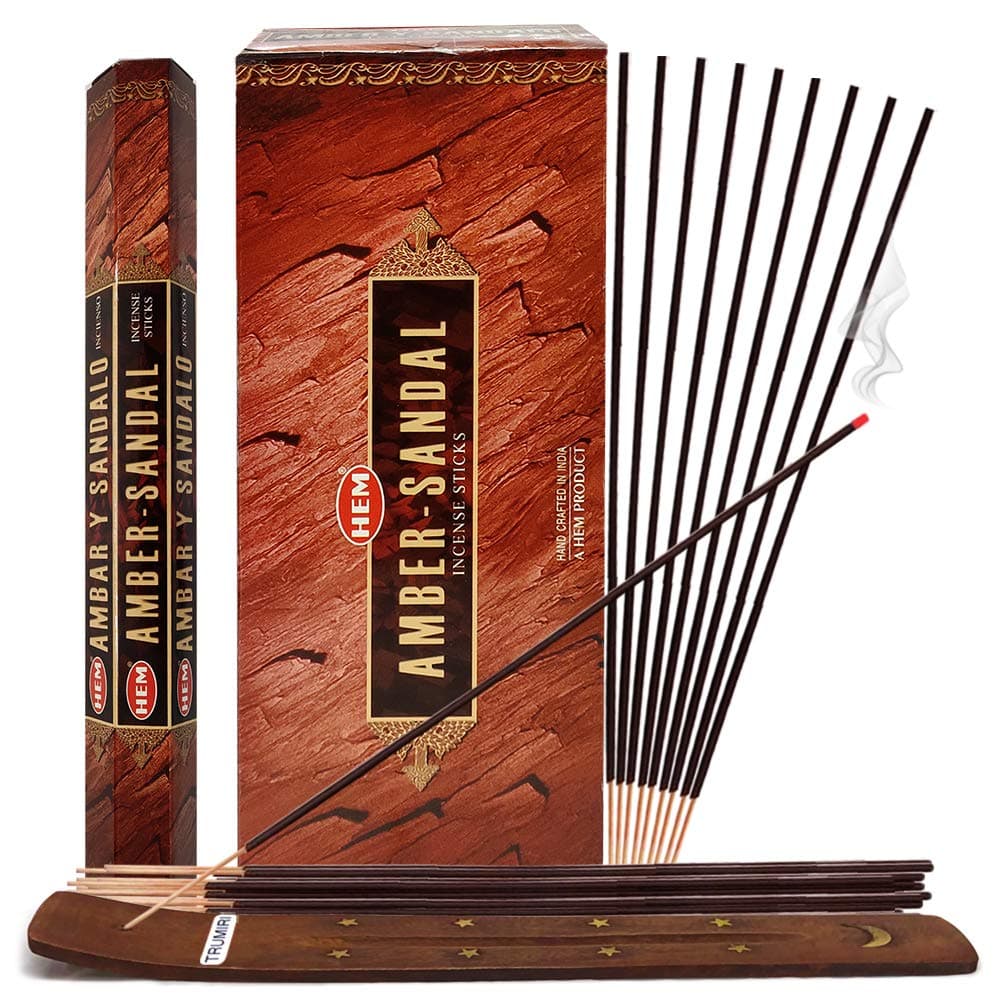 Amber Sandal Incense Sticks and Incense Stick Holder Bundle Insence Insense Hem Incense Sticks