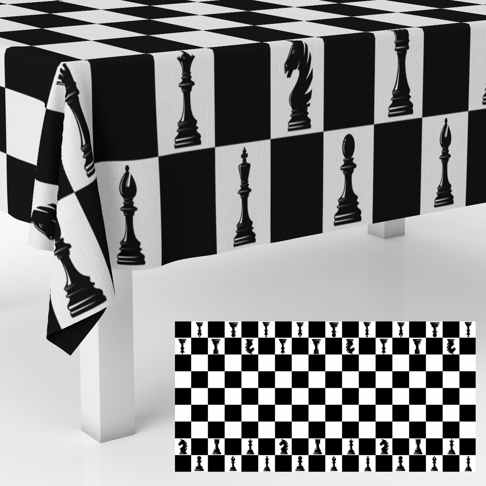 Black and White Checkered Birthday Tablecloth Chessboard Checkered Racing Flag Numbers Squares Pieces Print Table Cover Decorations for Chessboard Game Party Dining Room Booth Props Supplies 53" x 98"