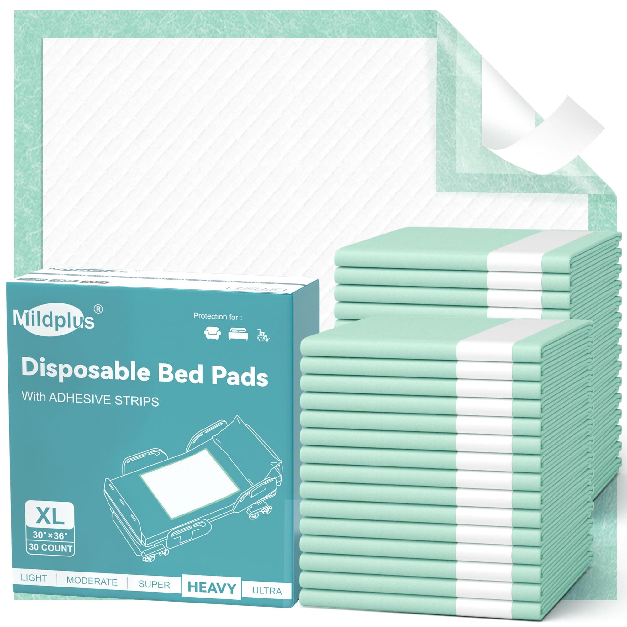 MILDPLUS Bed Pads with Adhesive Strips 30''X36'', 30 Count Chucks Disposable Underpads Extra Large Thicker Incontinence Pads for Unisex Adult, Senior, Kids and Pet (with Adhesive )