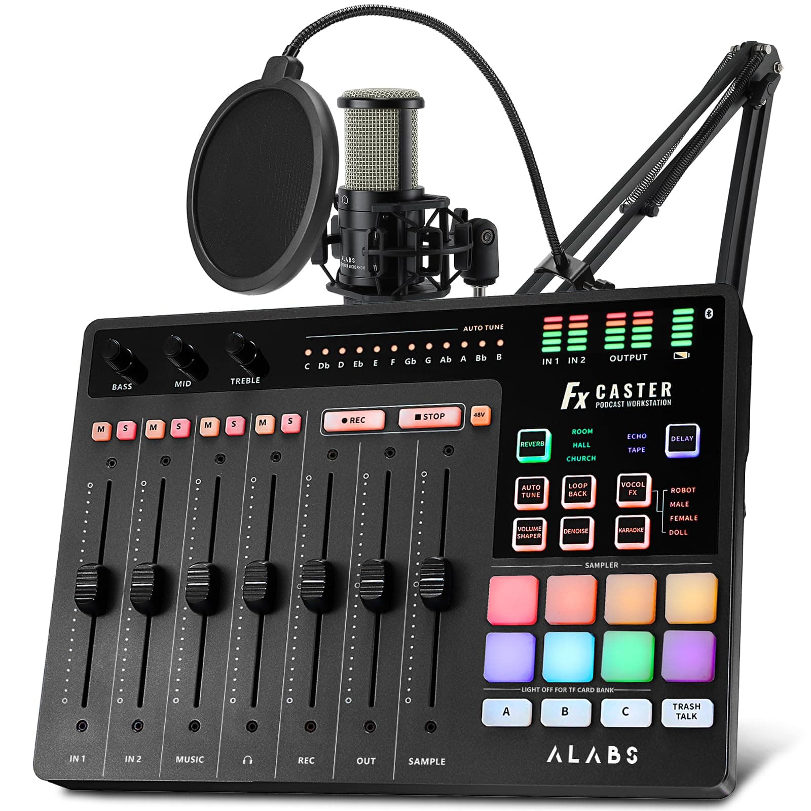 ALABS Fxcaster Podcast Equipment Bundle - All-in-One Podcasting Starter Setup with 7-Channel Soundboard, Audio Interface, and 25mm Diaphragm XLR Microphone for Live Streaming, Recording, and TikTok