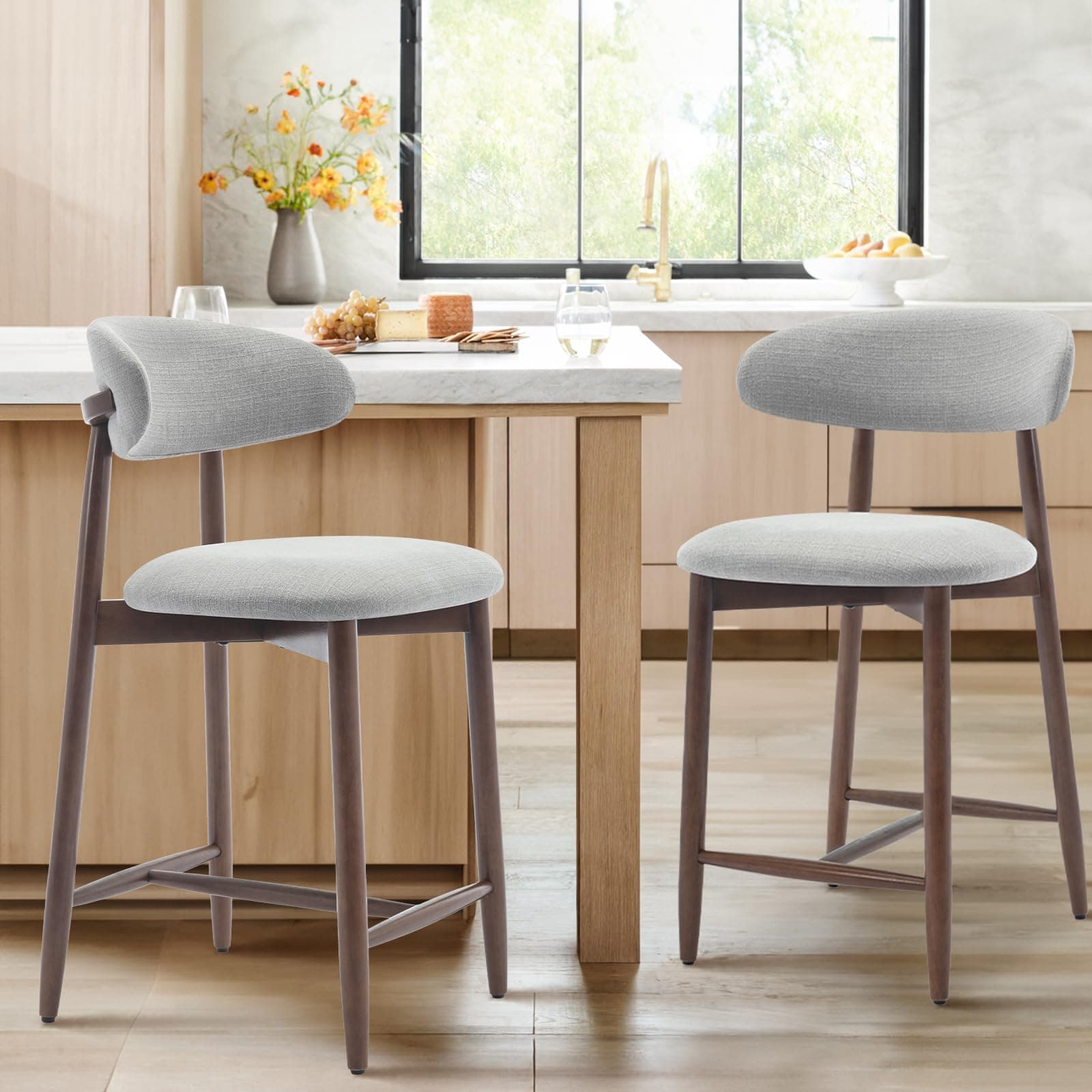 Upholstered Counter Height Bar Stools Set of 2, Kitchen Island Stools with Back, Modern Counter Stools Island Bar Chairs with Wood Legs for Kitchen Island Dining Room Bar, Light Grey