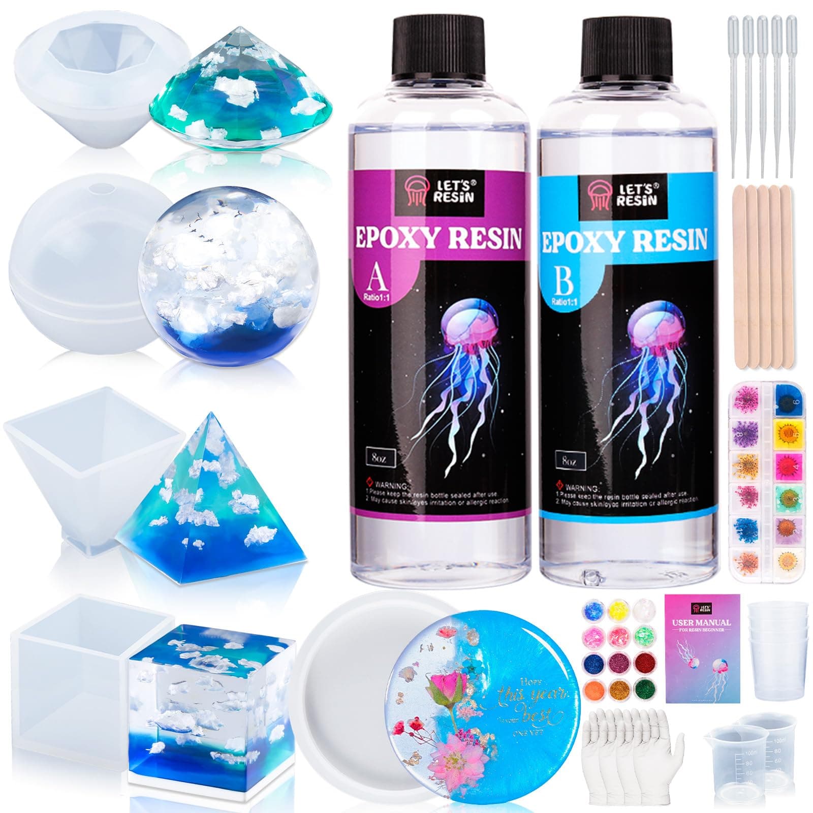 LET'S RESIN Epoxy Resin Kits for Beginners with Moulds, 500ml Epoxy Resin Crystal Clear Kit with Sphere, Cube, Pyramid, Square, Round Resin Moulds