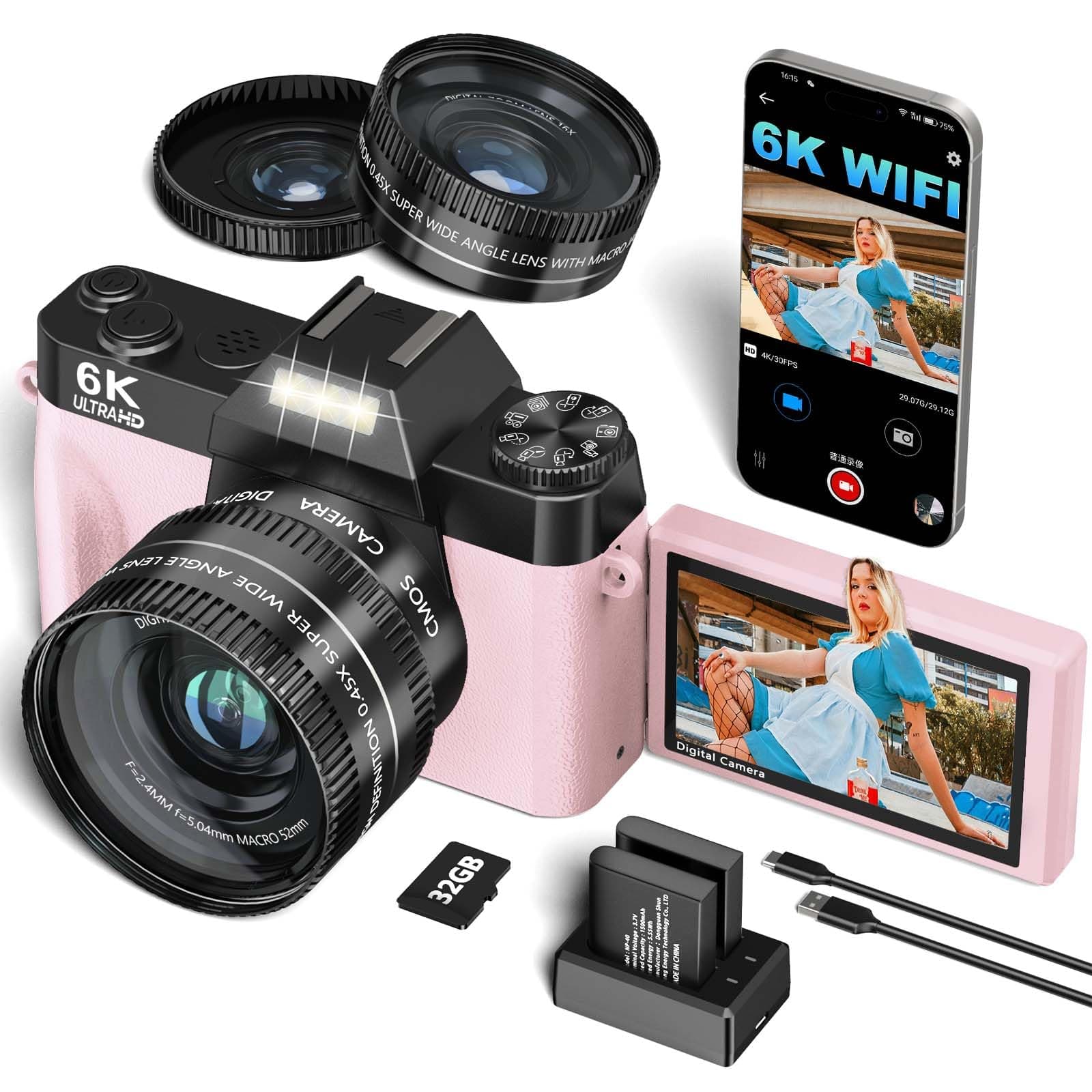 2025 Upgrade 6K Digital Camera for Photography 64MP Vlogging Camera for YouTube with WiFi, 180°Flip Screen, 16X Digital Zoom, 52mm Lens, 32GB Micro SD Card, 2 Batteries(Pink)