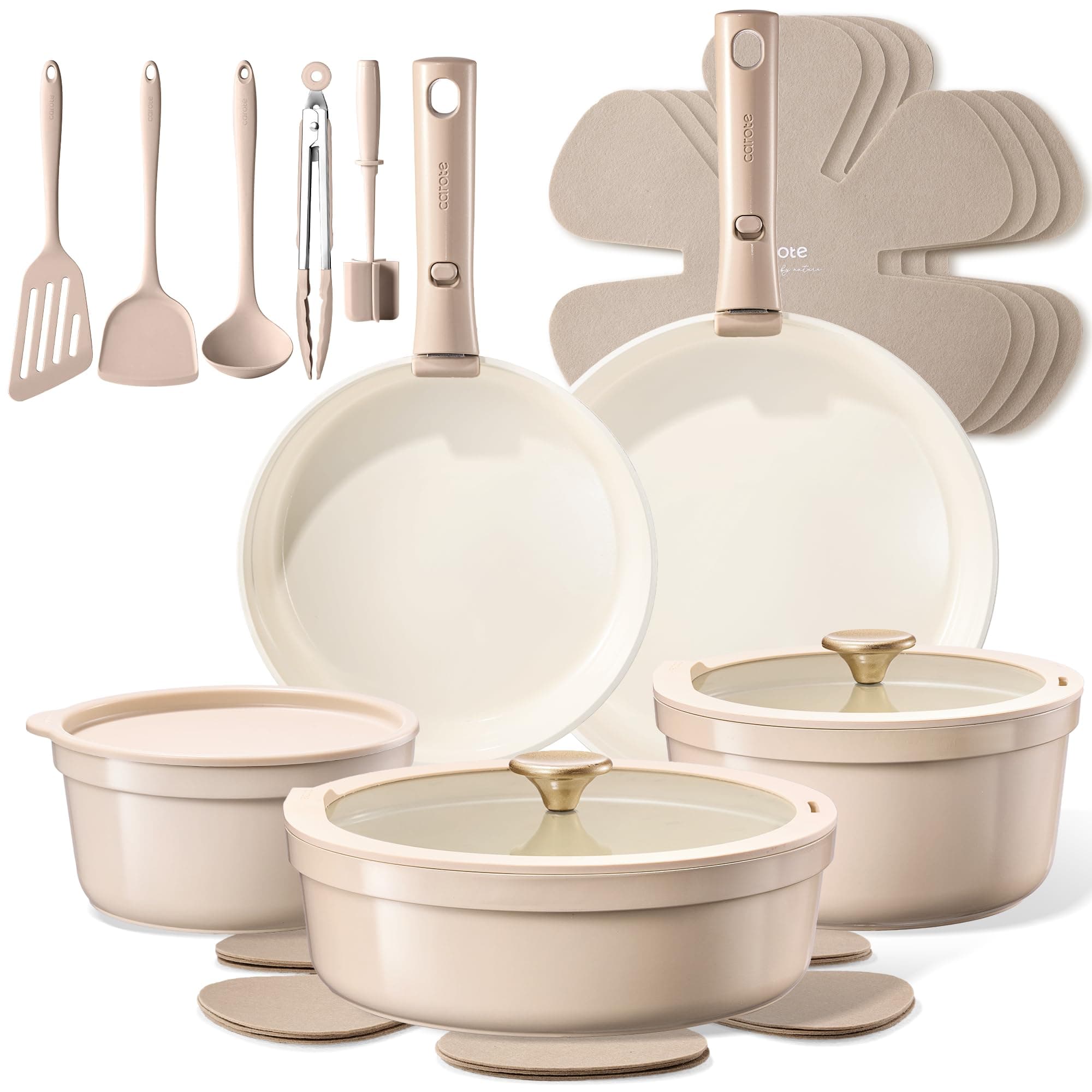 CAROTE 20pcs Ceramic Cookware Set Nonstick with Detachable Handles, Non Toxic Cookware, Pots and Pans Set Non Stick, Induction Available, Kitchen Cooking Pot and Pan, Dishwasher Safe