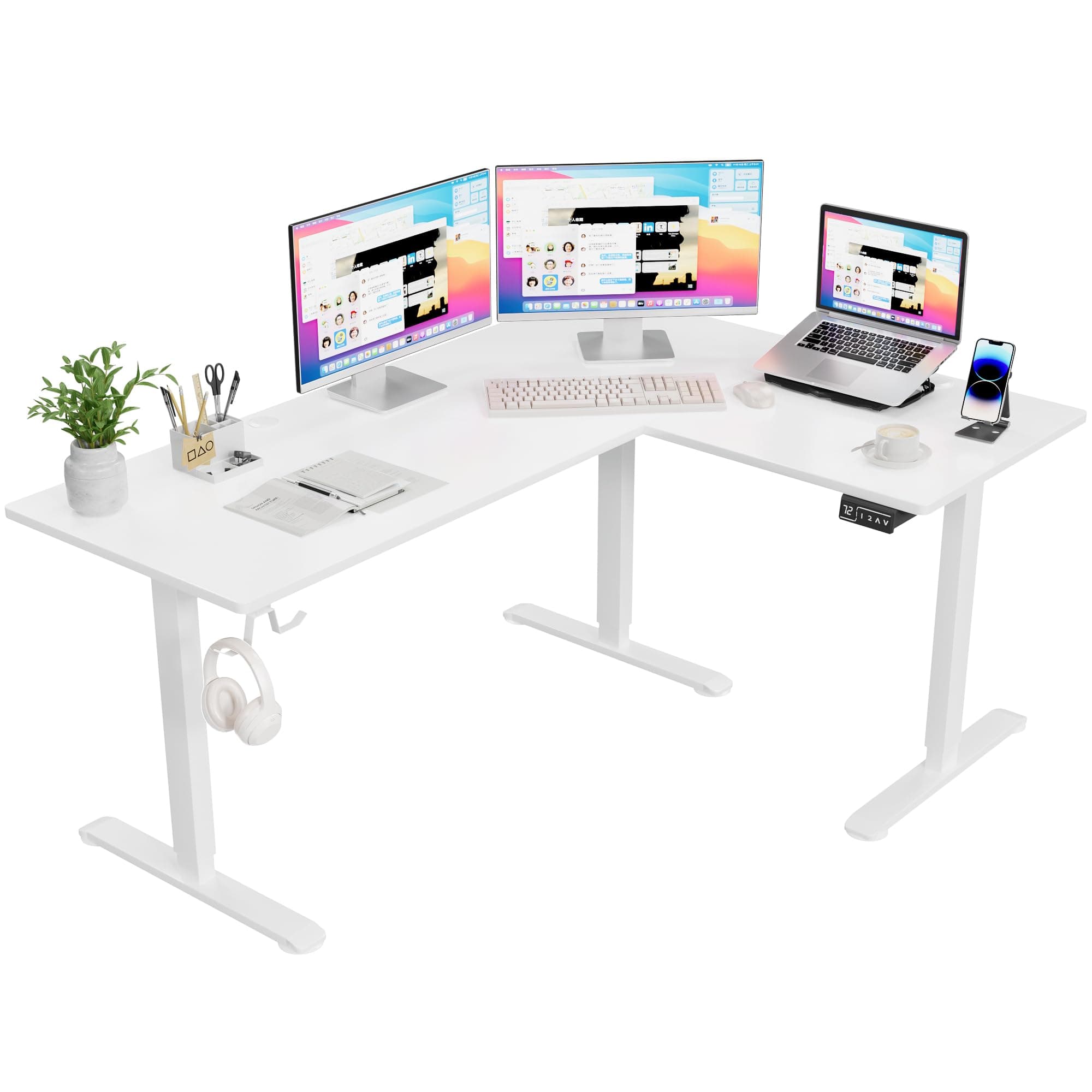 Furmax 63 x 48 Inch L Shaped Standing Desk with 2 Preset Heights, Electric Height Adjustable Computer Table, 2 Hooks & Feet Balance, Corner Sit Stand Desk for Home Office (White)