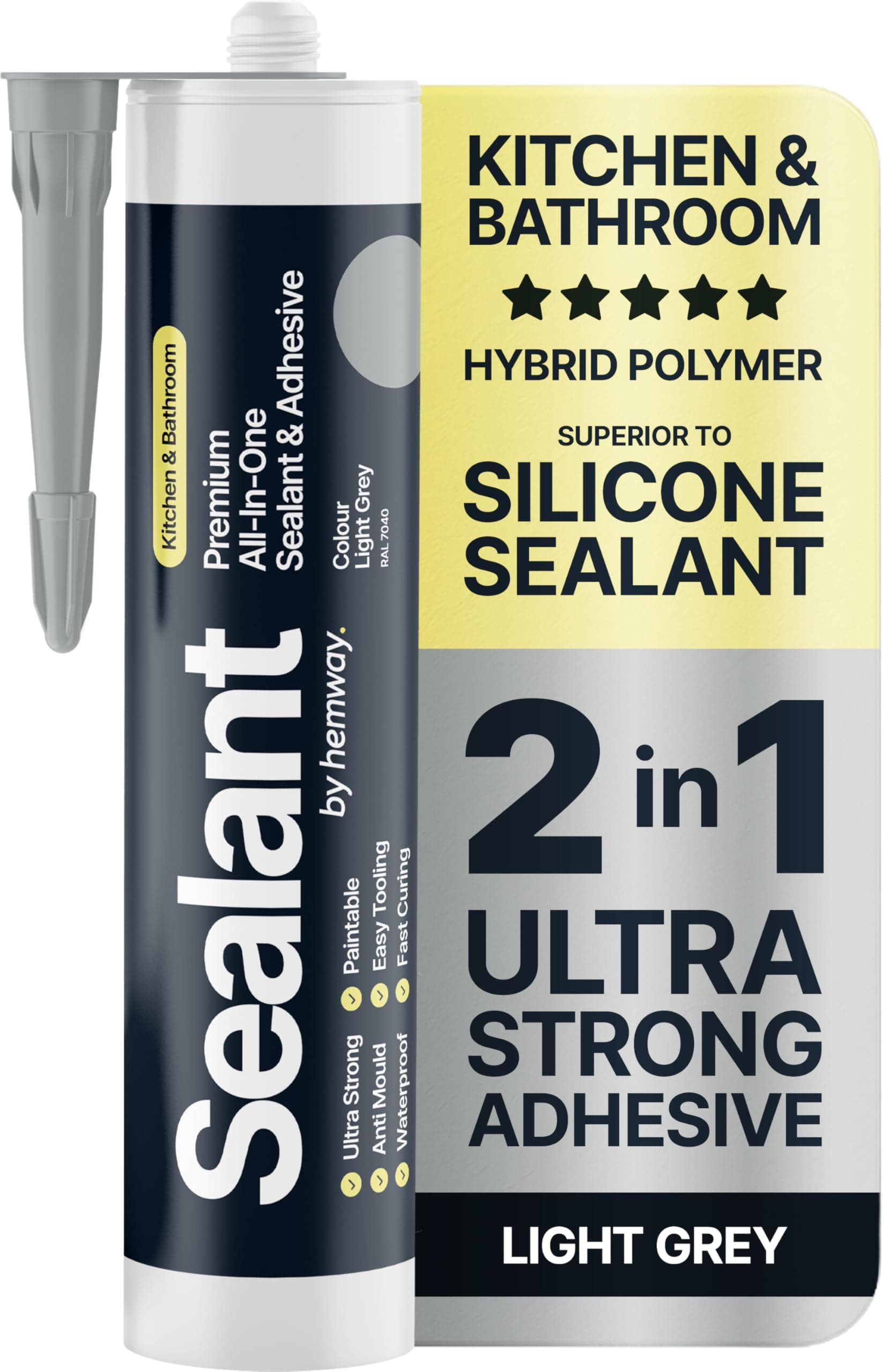 Light Grey Kitchen & Bathroom Sealant & Adhesive Hybrid Polymer | Superior to Bathroom Silicone Sealant | Waterproof, Odourless, Anti-Mould | Ideal For Kitchen & Around Bath & Shower - 300 ml 1 Pack