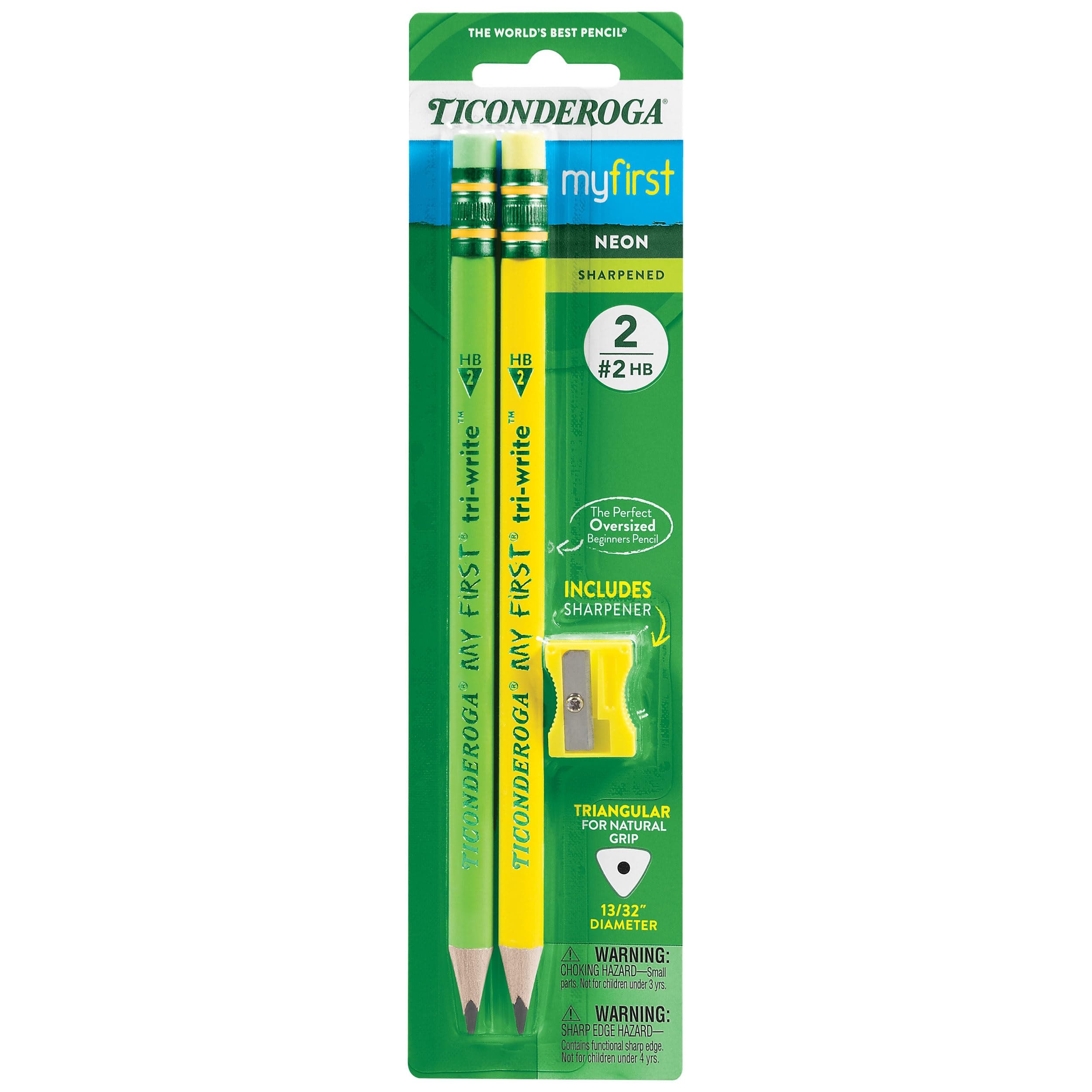 Ticonderoga My First Tri-Write Wood-Cased Pencils with Sharpener, Pre-Sharpened, 2 HB, With Erasers, Neon Colors, 2 Count, 6 Packs