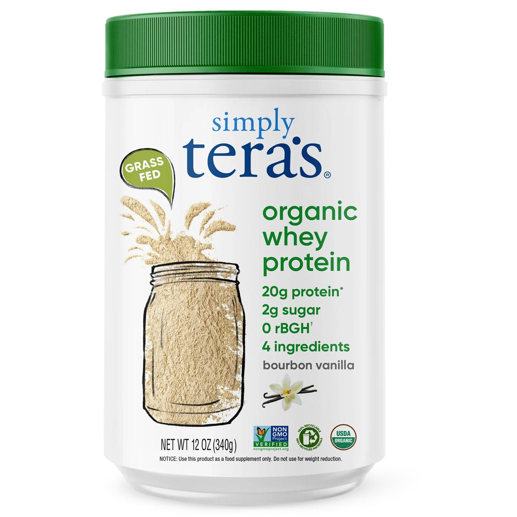 simply tera's Organic Whey Protein Powder - Grass Fed Vanilla Whey Protein Powder, Clean, Made Without Artificial Sweeteners, Non-GMO, Kosher, rBGH-Free, Organic - 12 Oz