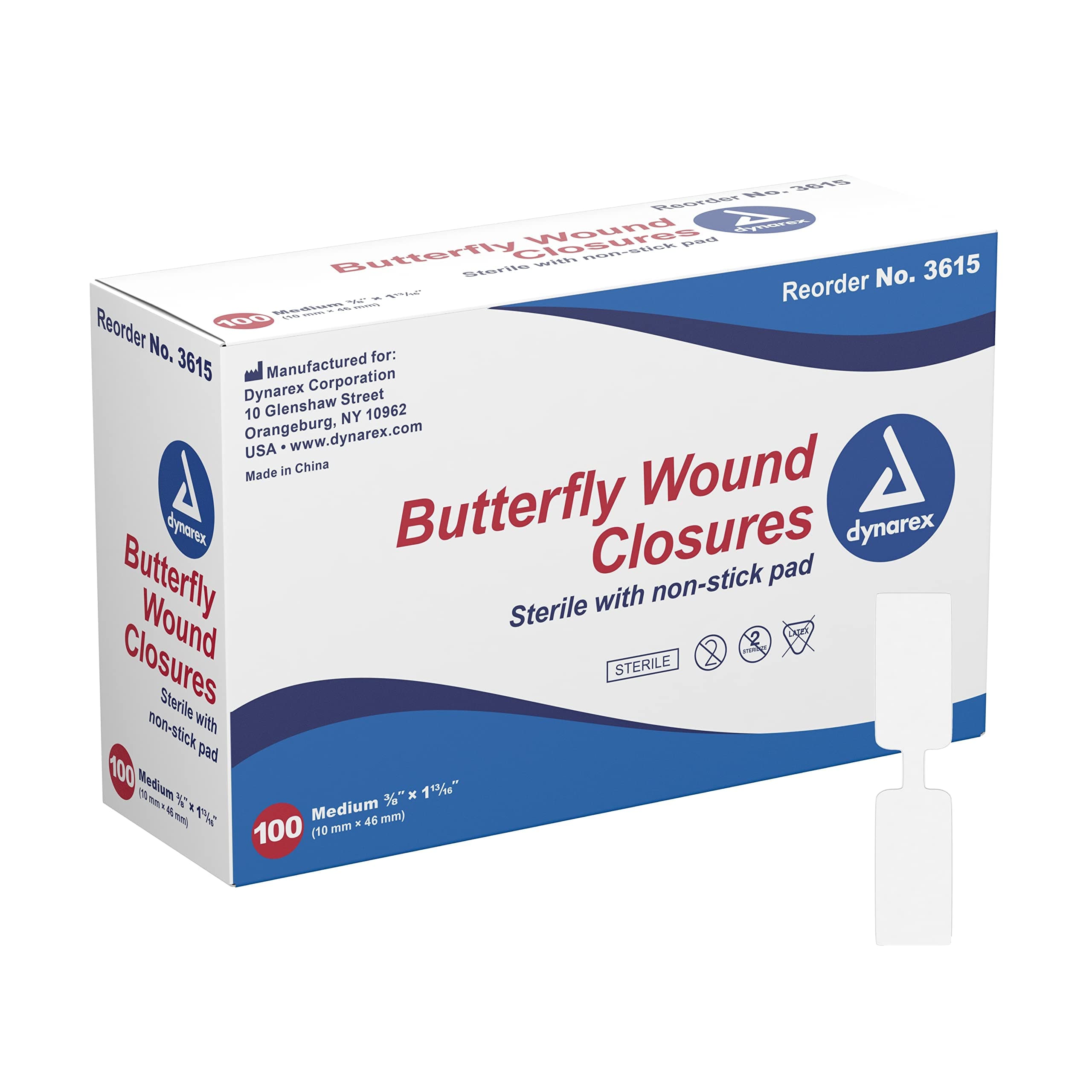 Dynarex Adhesive Bandage, Butterfly Fab, Medium, 3/8 Inches x 1 13/16 Inches Sterile, White, 100 Count