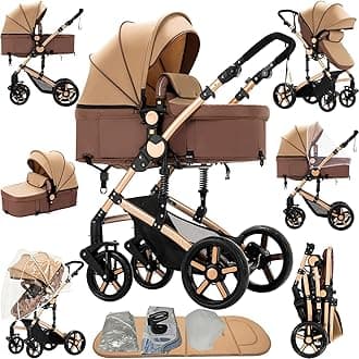 2 in 1 Baby Stroller, Convertible Pram, Reversible Standard Baby Stroller, Portable Baby Buggy, Infant Carriage, Foldable High Landscape Pushchair for Toddler Newborn (2US588-KHAKI)