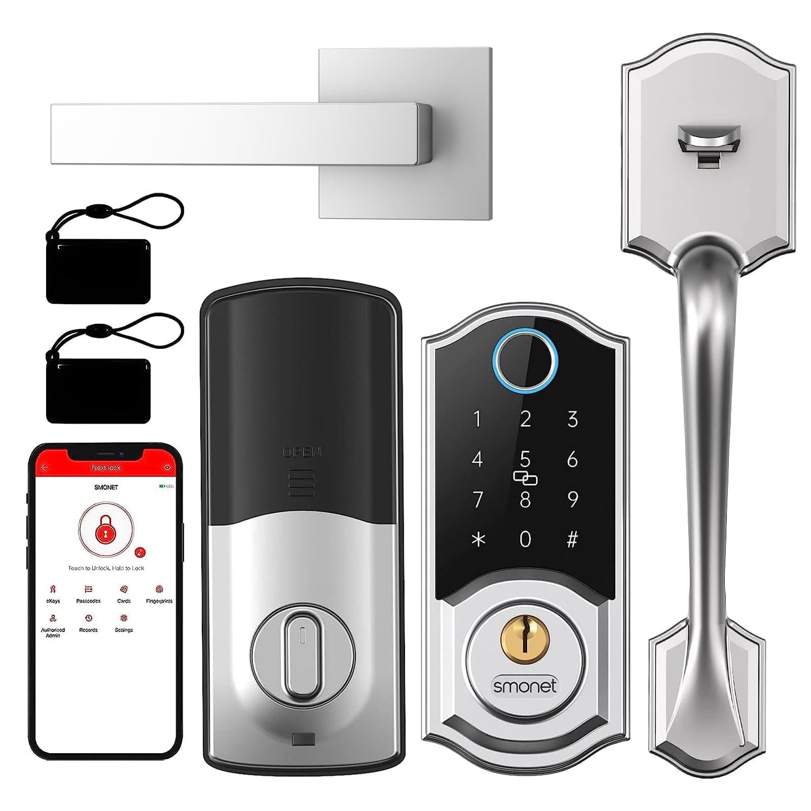 Smart Front Door Lock Set: SMONET Keyless Entry Door Lock with Handle, Front Handle Set Fingerprint Smart Deadbolt Bluetooth Electronic Digital Keypad, Alexa Unlock Silver