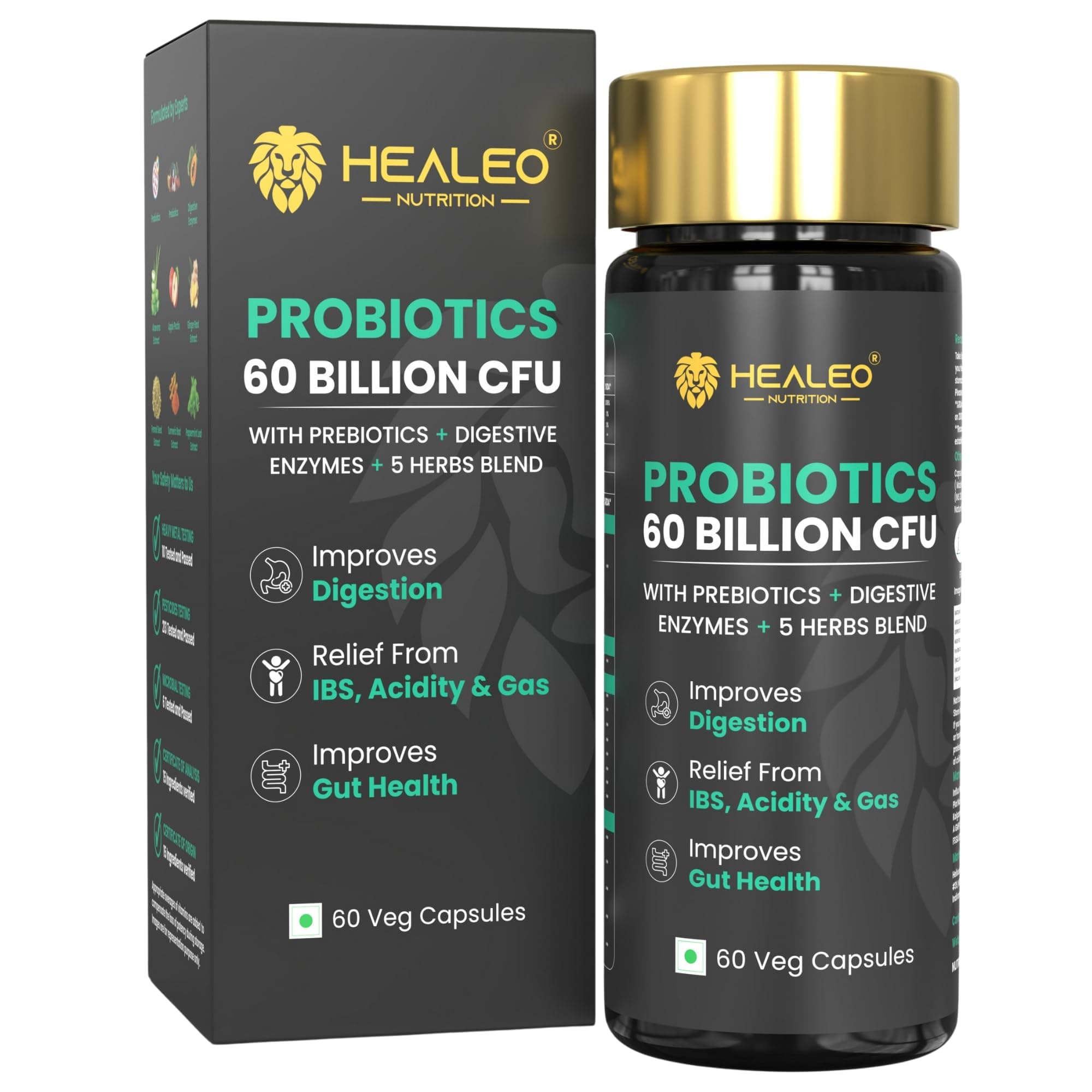 Healeo Probiotics 60 Billion CFU, 4-in-1 with Prebiotic + Digestive Enzymes + 5 Herbs - Probiotics for Gut Health & Digestion - Supplement For Men & Women - Lab Tested - 60 Veg Capsules