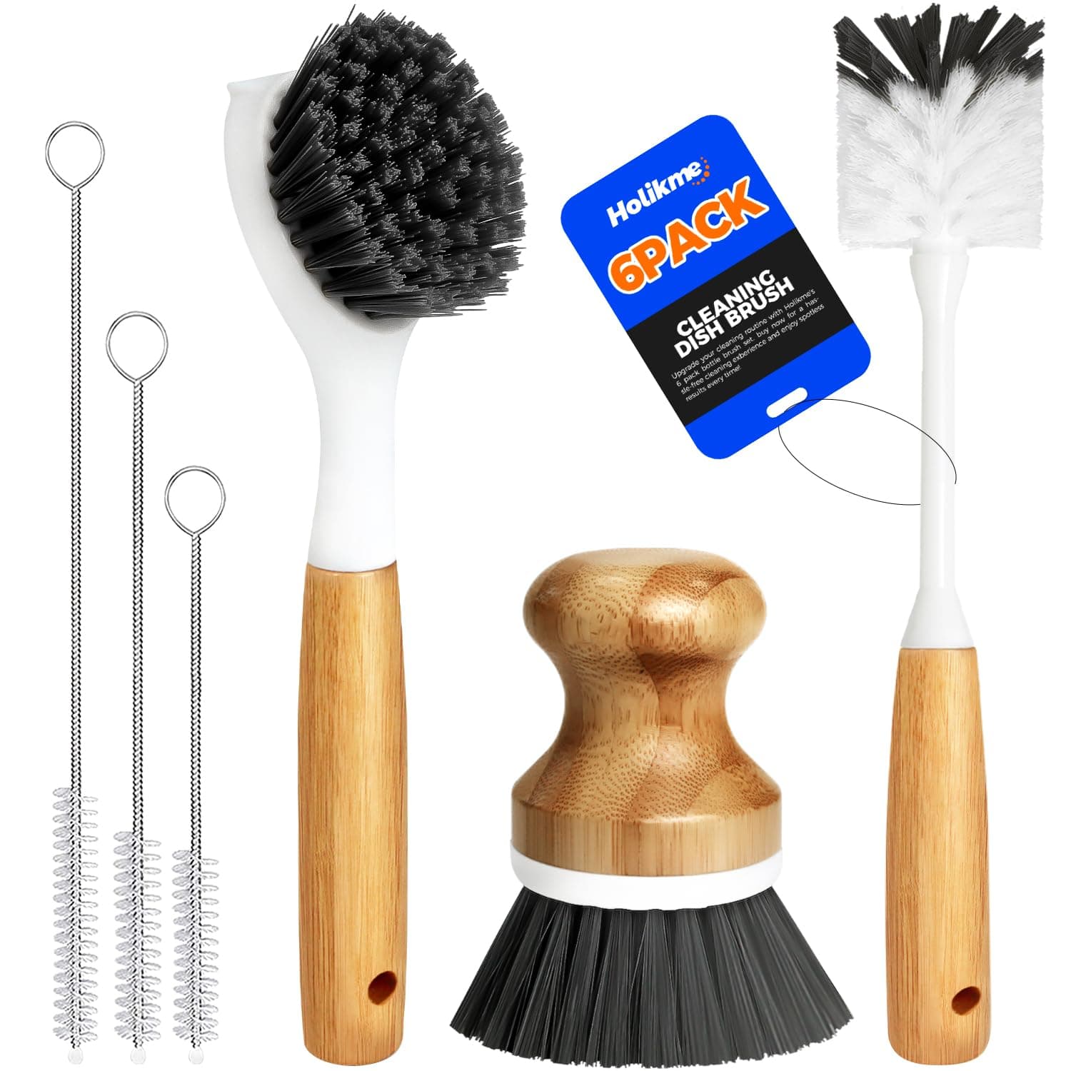 Holikme 6 Pack Dish Brush Scouring Pad Set with Bottle Brush, Dish Brush, Palm Scrub Brush and Straw Brush, Dish Scrubber Long Handle for Dish Bottle Cup Skillet Wok Pot Pan Cast Iron, Dark Gray
