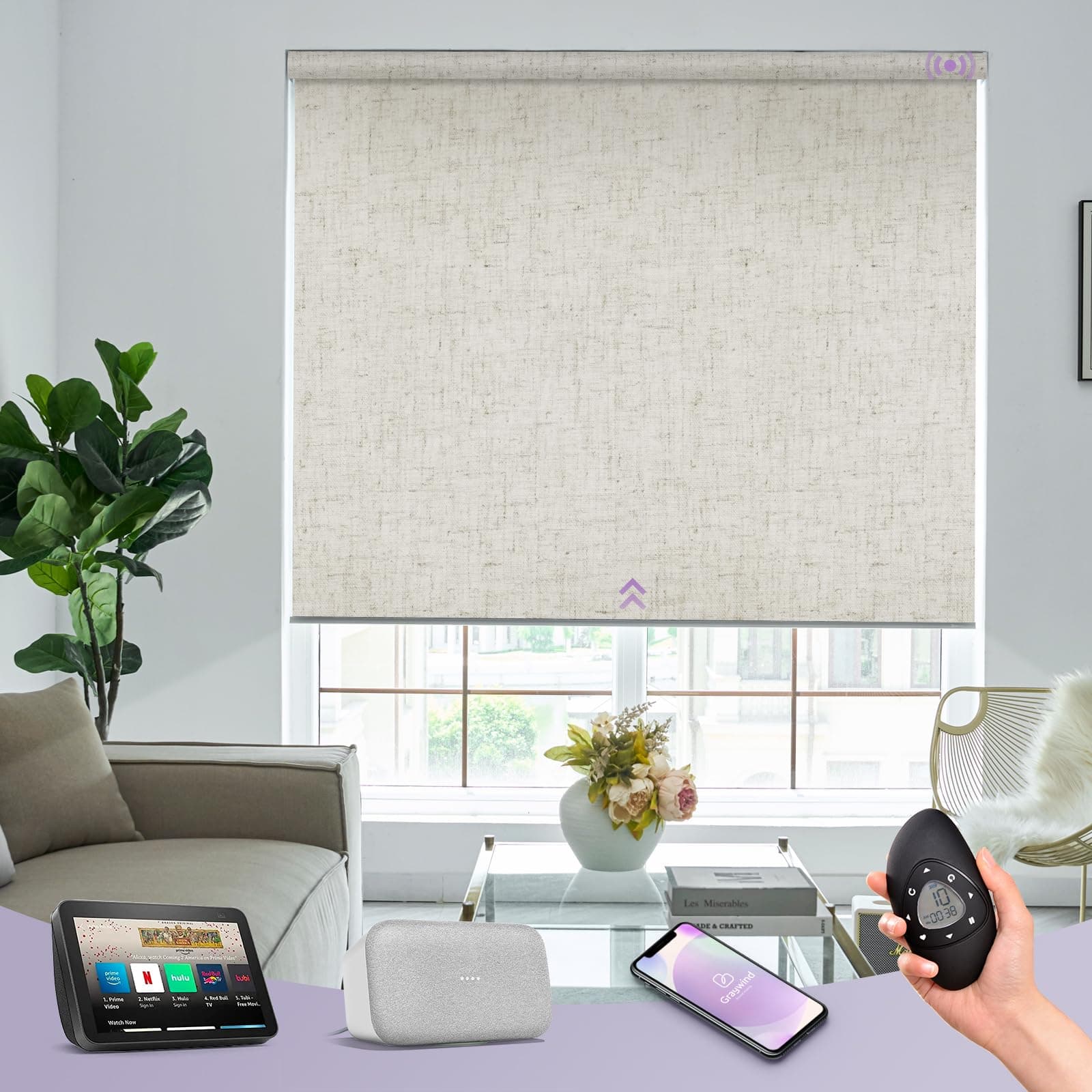 Graywind Motorized Roller Shades 100% Blackout Free Stop Window Shades Cordless Wireless Remote Control Window Roller Blinds with Valance for Smart Home and Office, Customized Size, Linen Beige