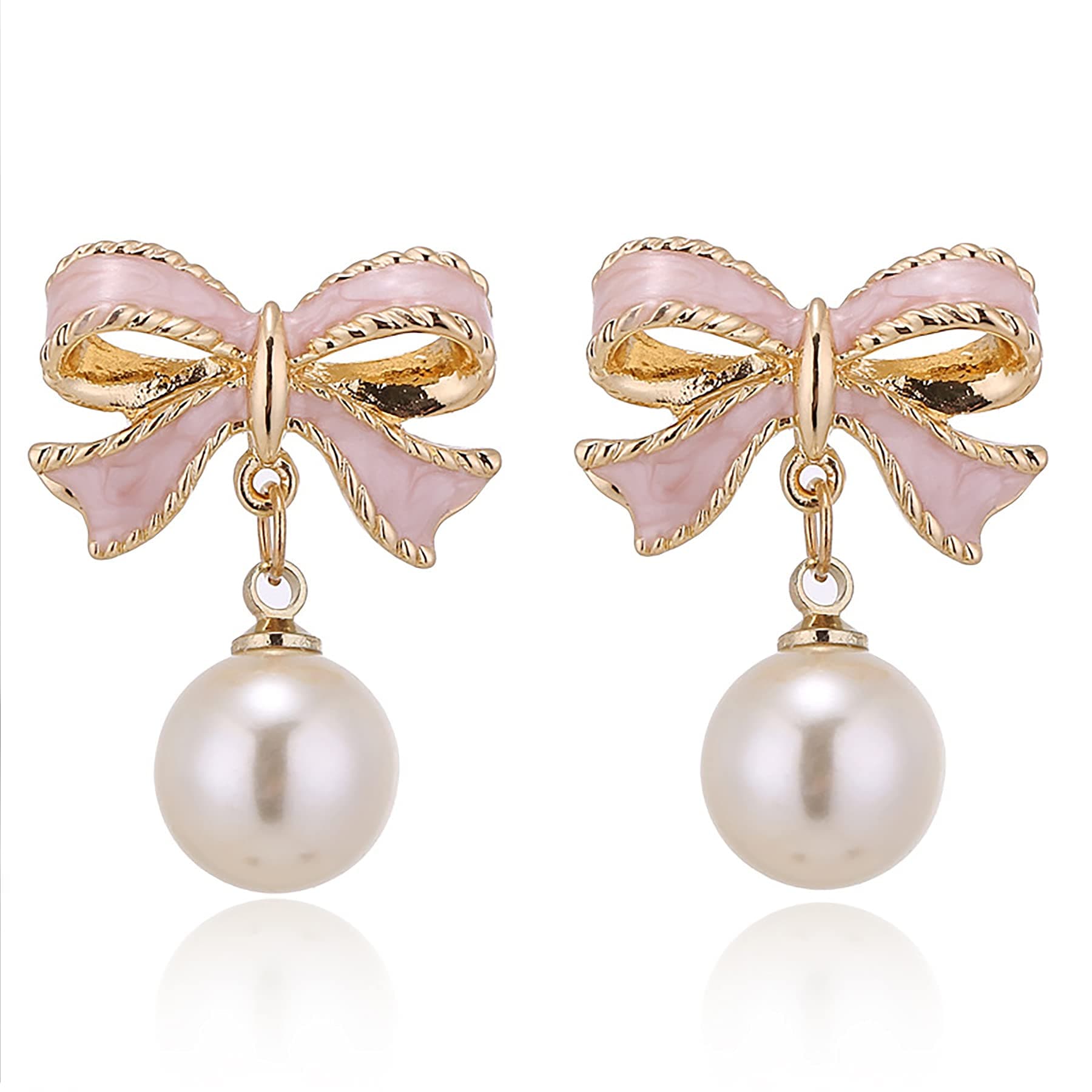 MXHUAFaux Imitation Pearl Pink Bowknot Dangle Drop Earring Stud, Metal Pearl
