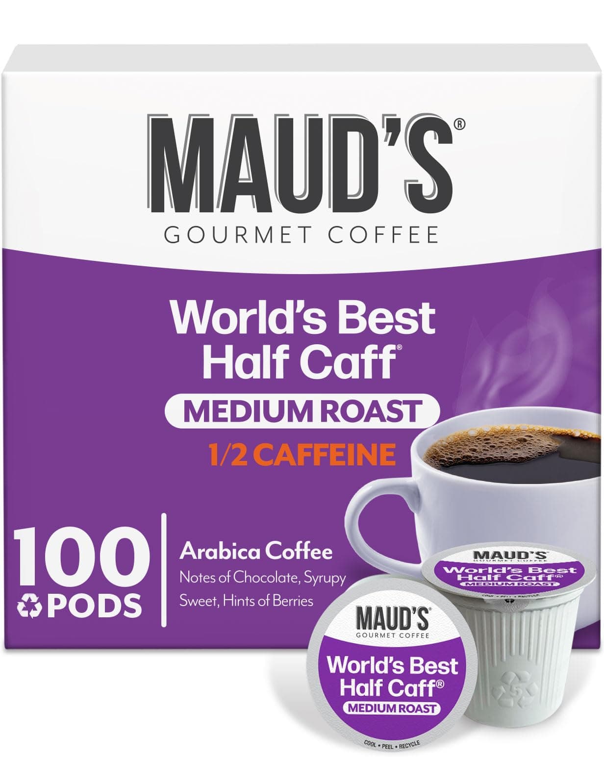 - Maud's Half Caff Coffee Pods, 100 ct, Medium Roast Coffee in Single Serve Pods – 100% Arabica Coffee, Compatible with Keurig K Cups Maker