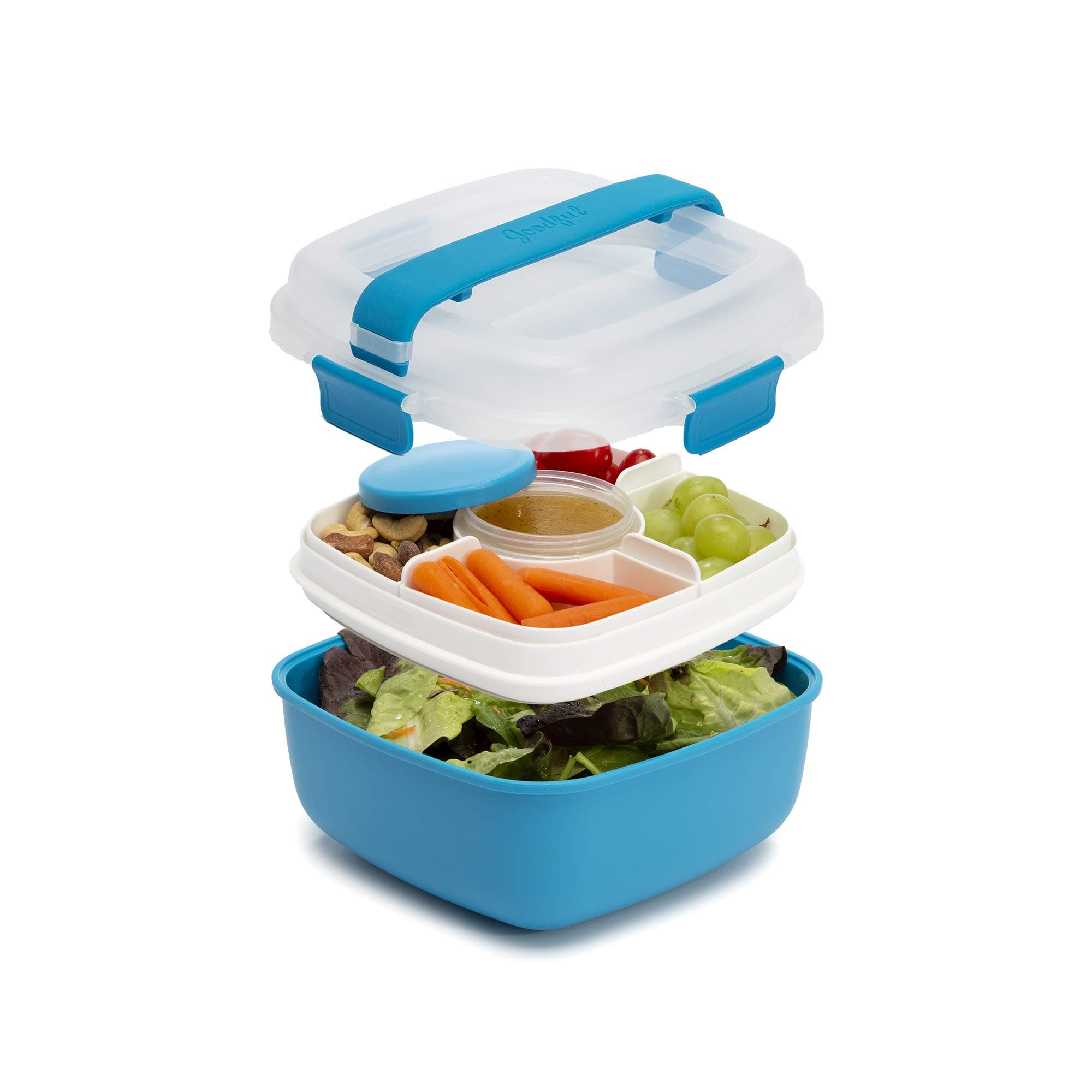Stackable Lunch Box Container, Bento Style Food Storage with Removeable Compartments for Sandwich, Snacks, Toppings & Dressing, Leak-Proof and Made without BPA, 56-Ounce, Blue