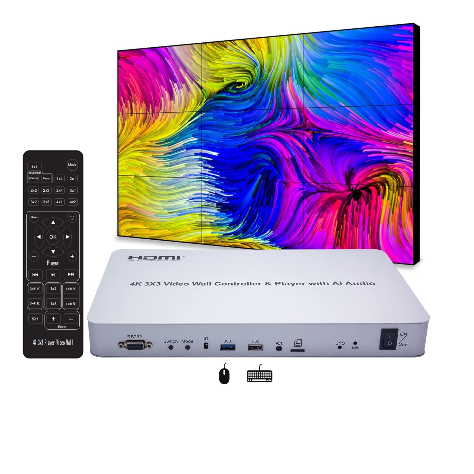 3x3 Video Wall Controller 3840x2160/60HZ 4K with Media Player Splitter, Support HDMI 4K@30HZ Input, 1080/60HZ Each Output , IR Remote+Voice Control+RS232, Edge Masking, 3x2 2x2 3x1 2x3 4x2 2x4 Mode