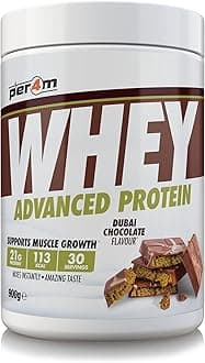 Per4m Whey Protein Powder | High Protein Shake for Muscle Growth & Recovery | Low Sugar Gym Supplement | Sports Nutrition Drink + Amino Acids (900g, Dubai Chocolate)