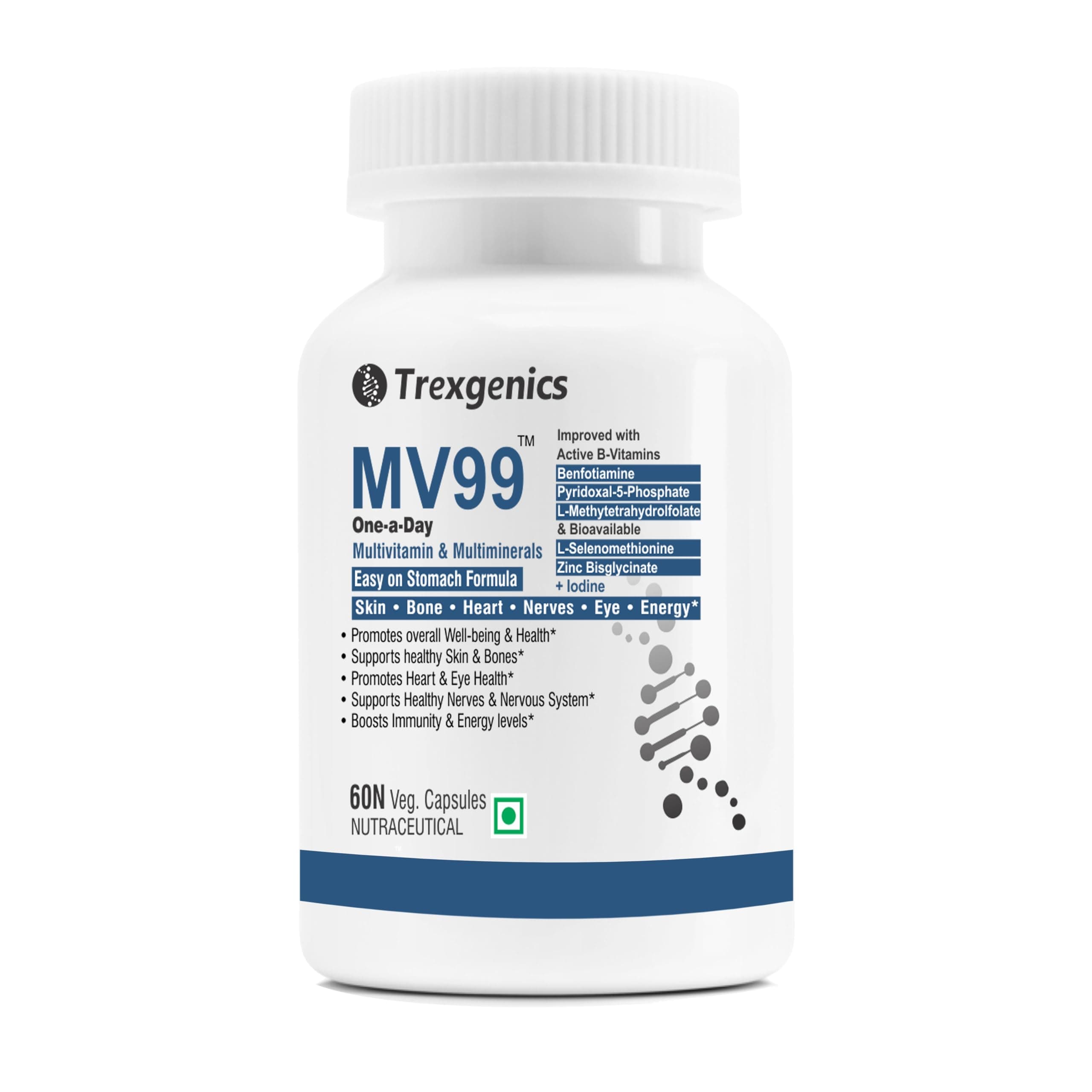MV99 Multivitamin One-a-day Easy On Stomach - Complete Daily All you need with Multiminerals & Micronutrients for Men & Women (60 Veg. Capsules) (1)