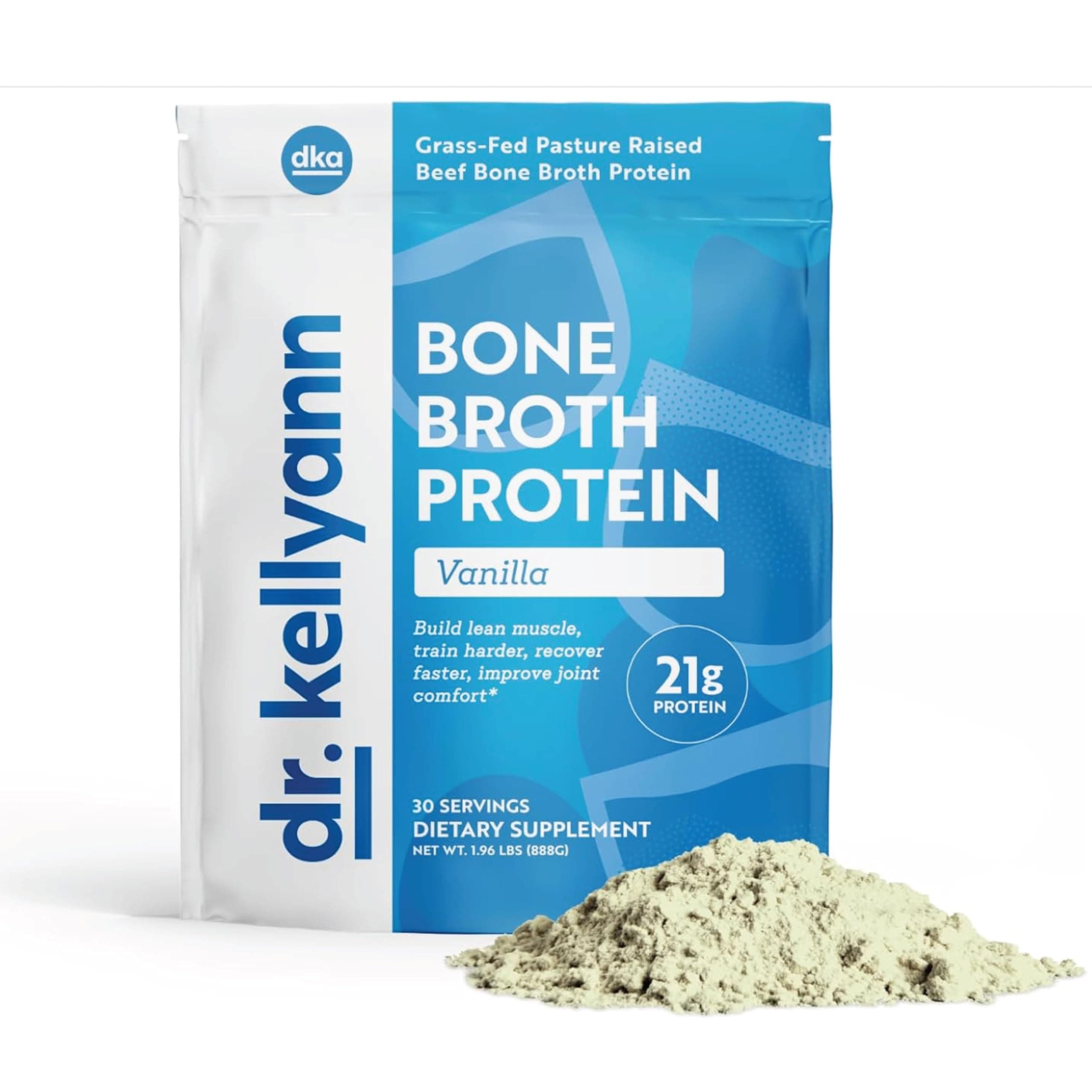 Dr. Kellyann Bone Broth Protein Powder, Vanilla (30 Servings) - Protein 21g, 2g Net Carbs - Grass Fed Hydrolyzed Collagen - Sugar Free, Gluten Free, Dairy Free, Paleo, Keto Protein Shakes