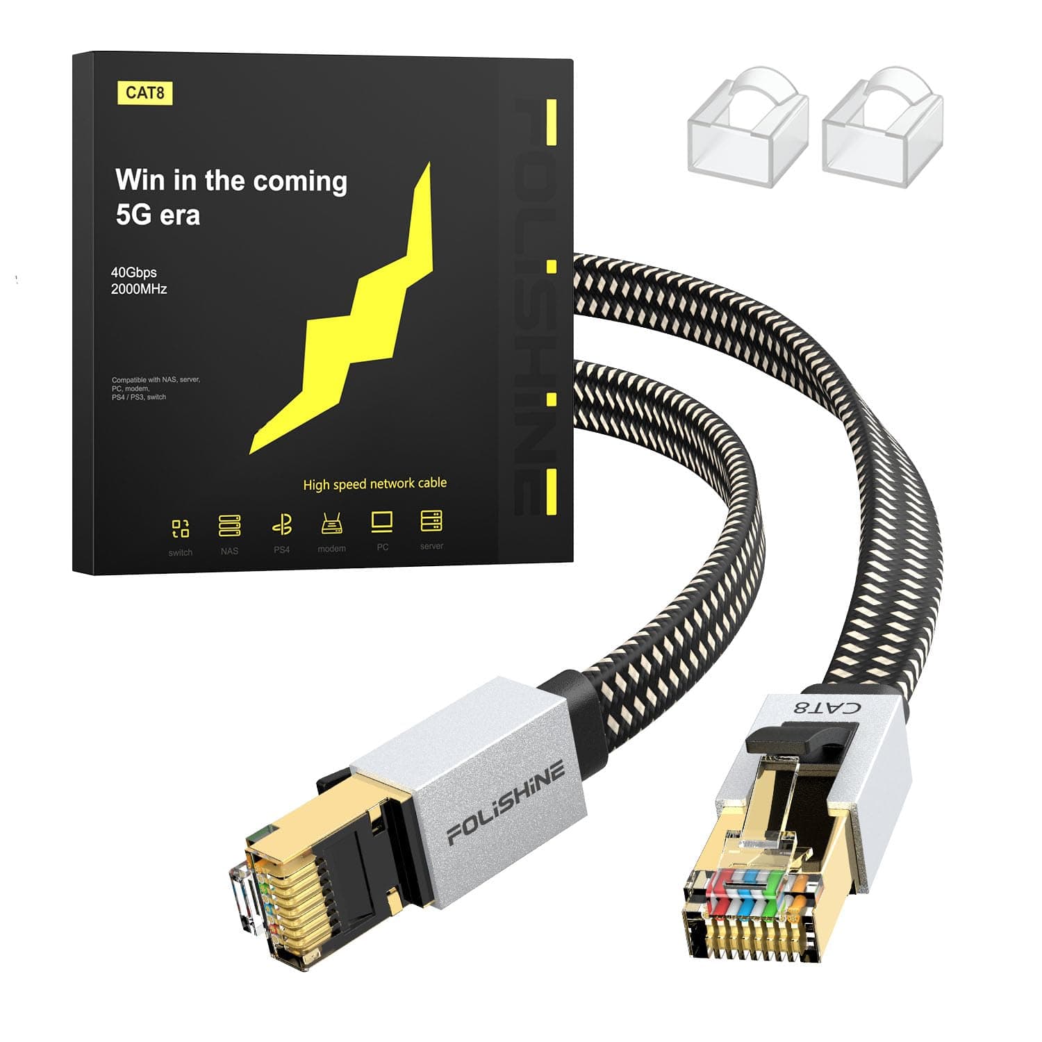 Cat 8 Ethernet Cable 3M, High Speed Gigabit Nylon Braided Lan Network Cat8 Patch Cord, 40Gbps 2000Mhz RJ45 Flat Cable Shielded, Indoor&Outdoor for Modem/Router/switch, Faster than Cat5e/Cat6/Cat7