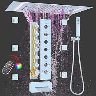 LED Multi Functions Full Body Shower System with 6pcs Body Jets Spray with（Up/Down ）Shower Spout, Large 3 In 1 Modes 14x20inch Showerhead, Rainfall Mist Shower Faucet Set Complete, Chrome