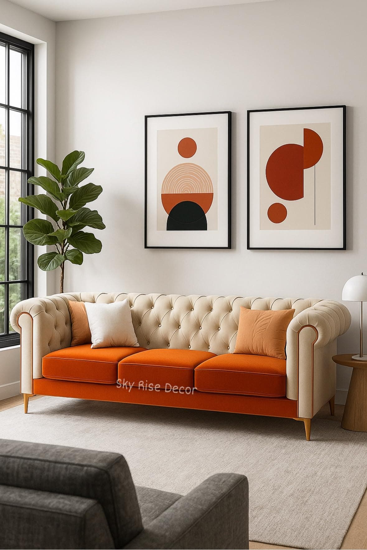 Modern Classic 3 Seater Sofa Couch Fabric & Valvet Tufted Chesterfield Sofa Living Room and Office (Orange & Beige 3 Seater)