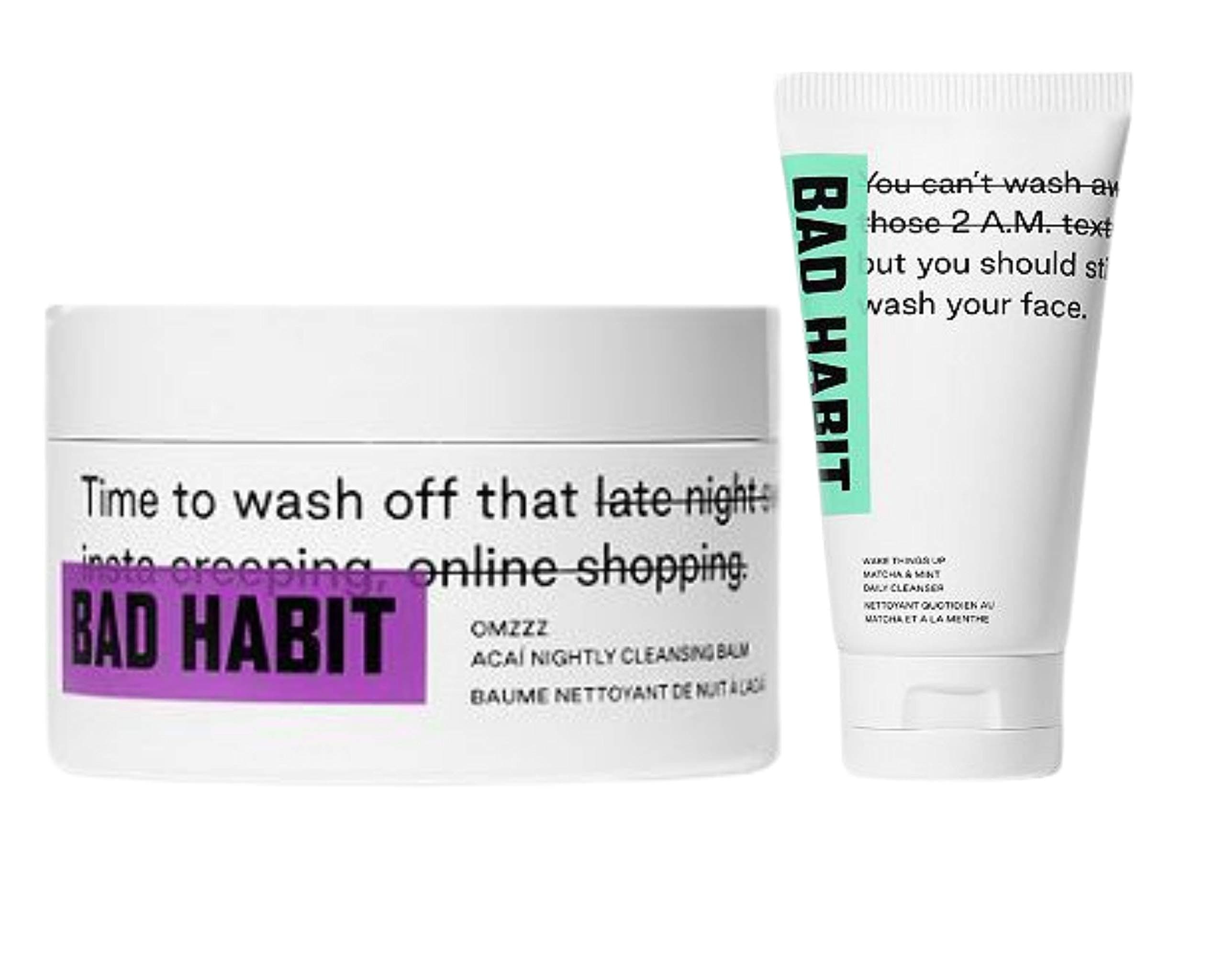 Bad Habit Day and Night Time Cleanser Set! Wake Things Up Matcha & Mint Daily Cleanser And OMZZZ Acai Nightly Cleansing Balm! Leaves Skin feeling soft and moisturized!